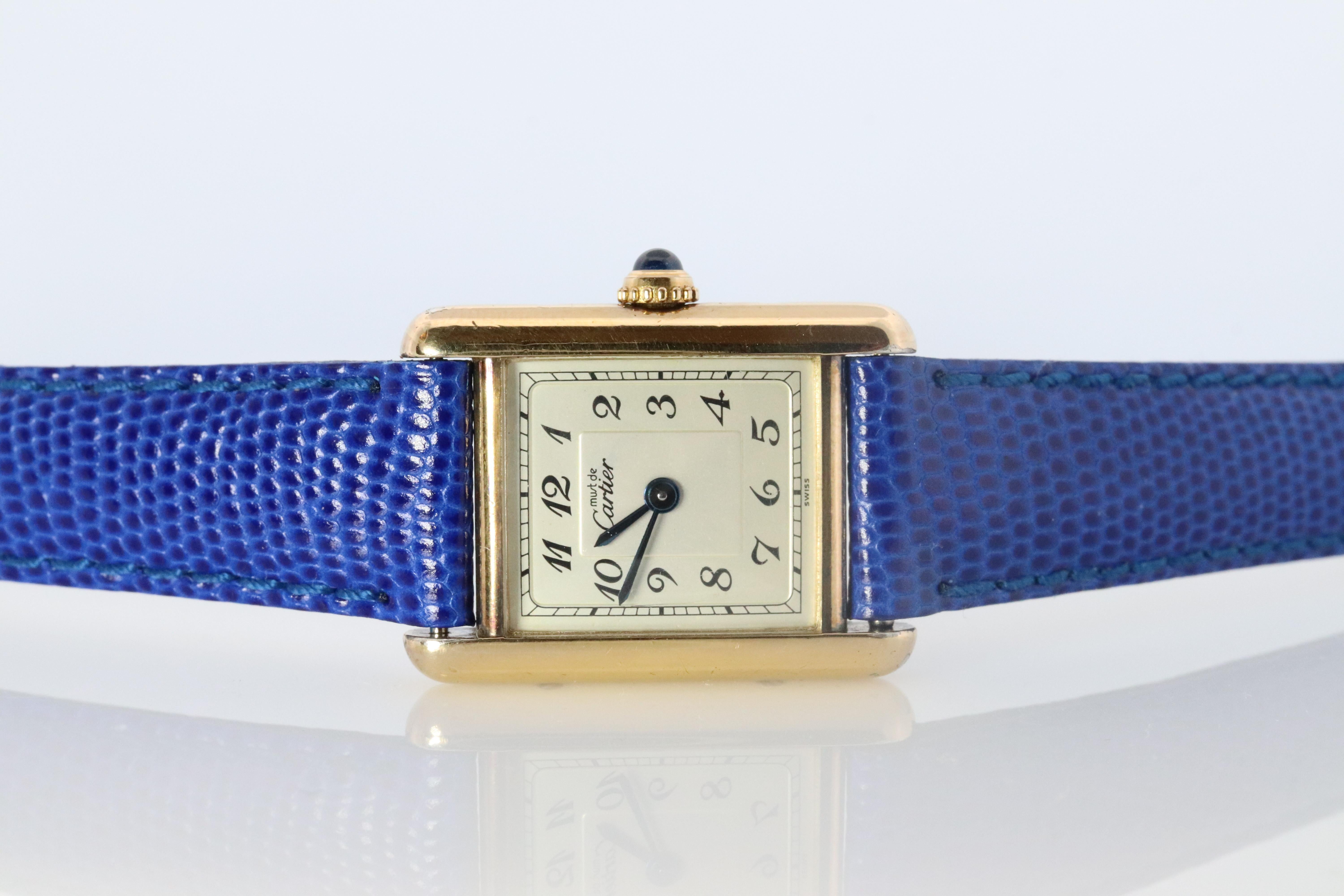 Vintage Must de Cartier Tank Arabic Dial Watch. Vermeil ARGENT 925 Small Tank In Good Condition In Port Charlotte, FL