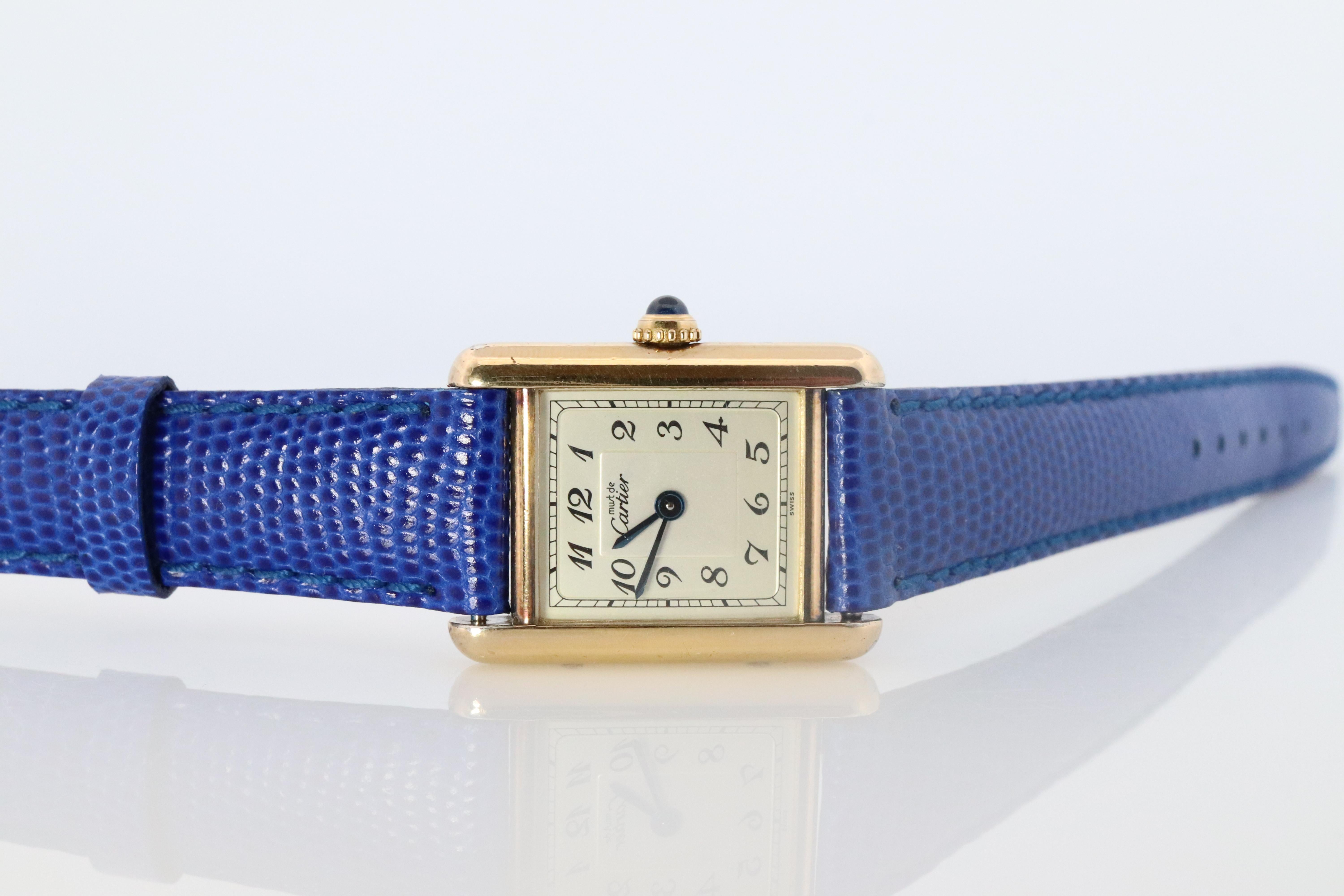 Vintage Must de Cartier Tank Arabic Dial Watch. Vermeil ARGENT 925 Small Tank 4