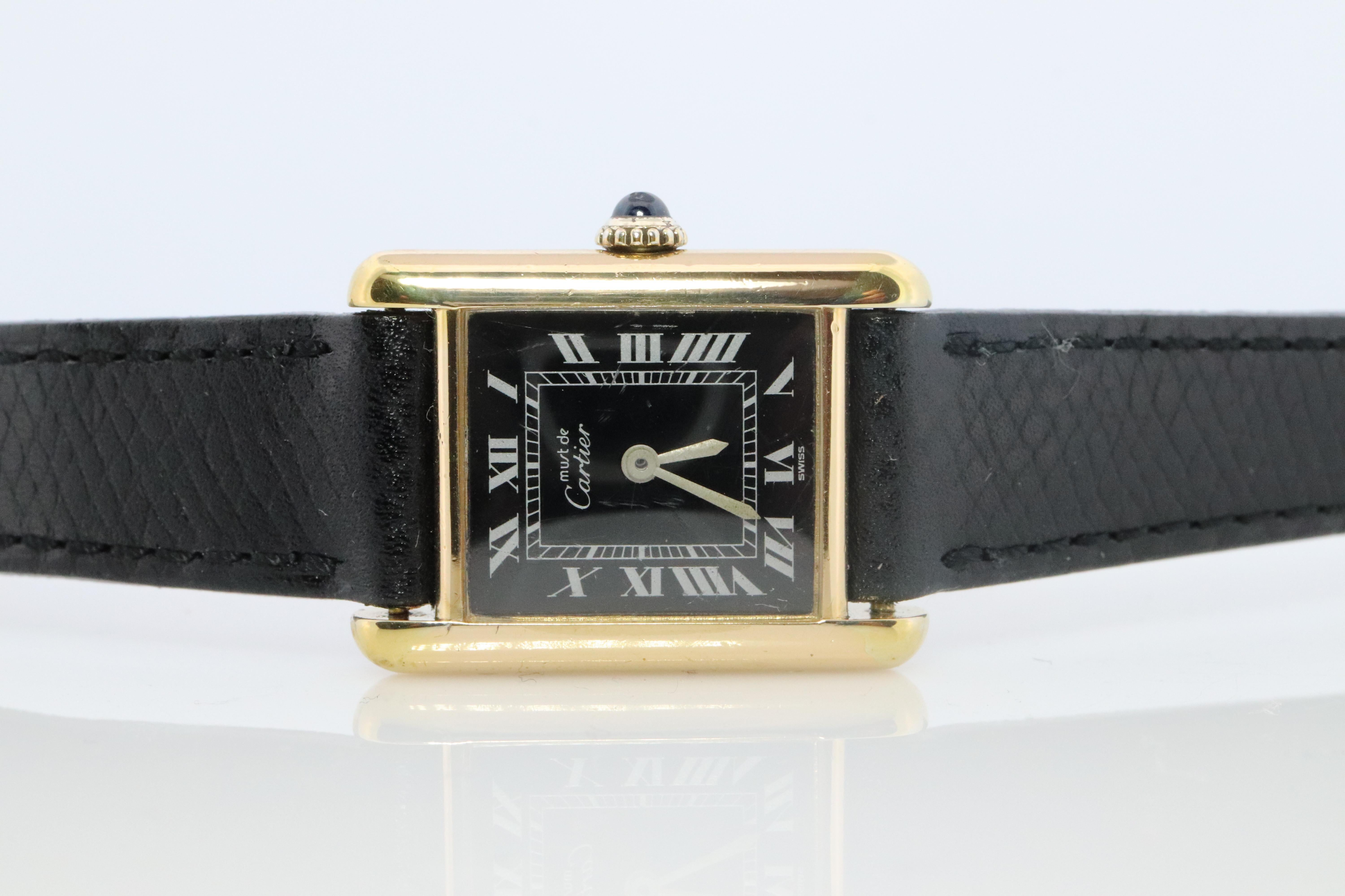 Cabochon Vintage Must de Cartier Tank Black Dial Watch Vermeil ARGENT Small Manual Tank For Sale