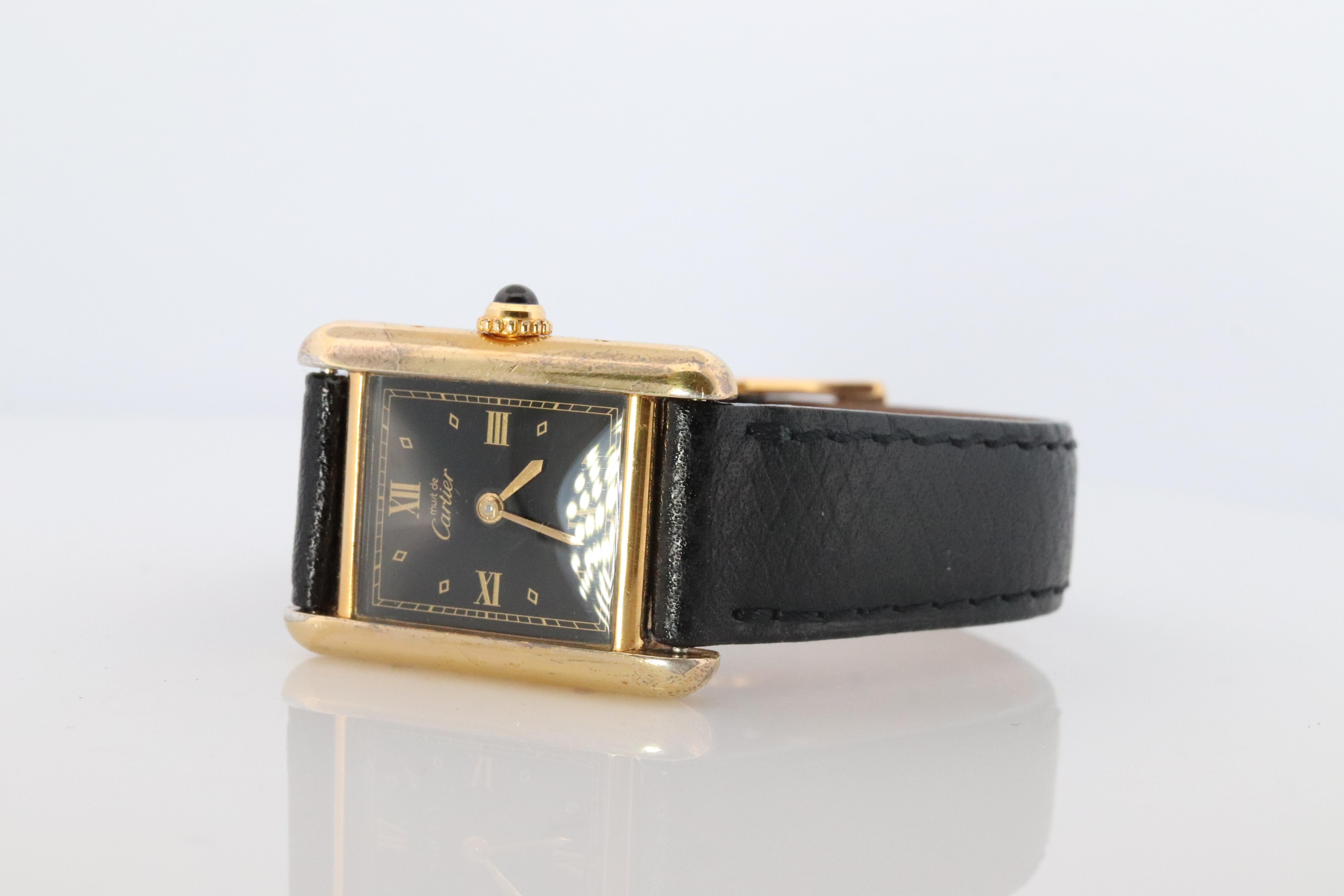 De las mujeres Reloj Vintage Must de Cartier Tank Esfera Negra Vermeil ARGENT Pequeño Tanque Manual en venta