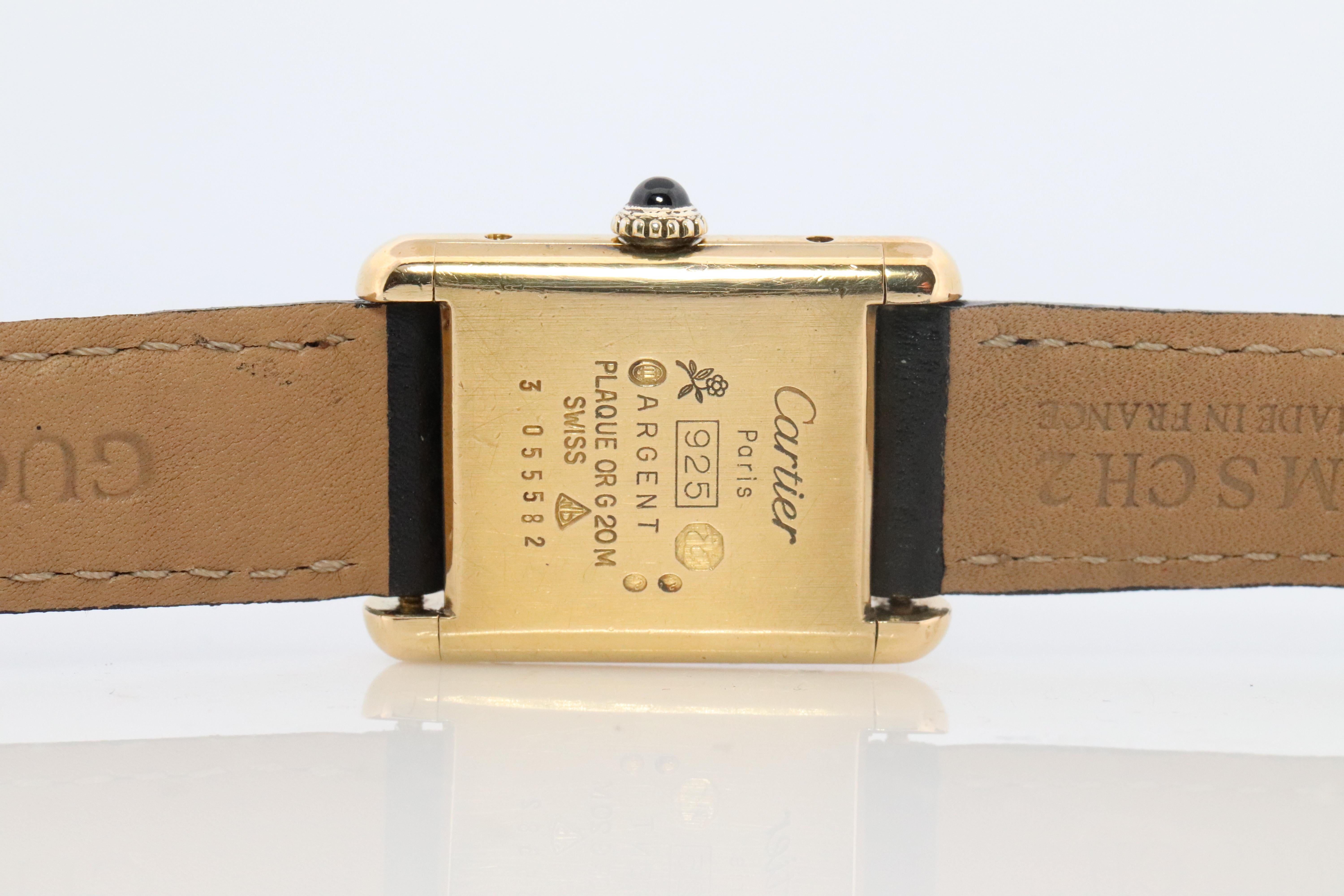 Vintage Must de Cartier Tank Black Dial Watch Vermeil ARGENT Small Manual Tank For Sale 1
