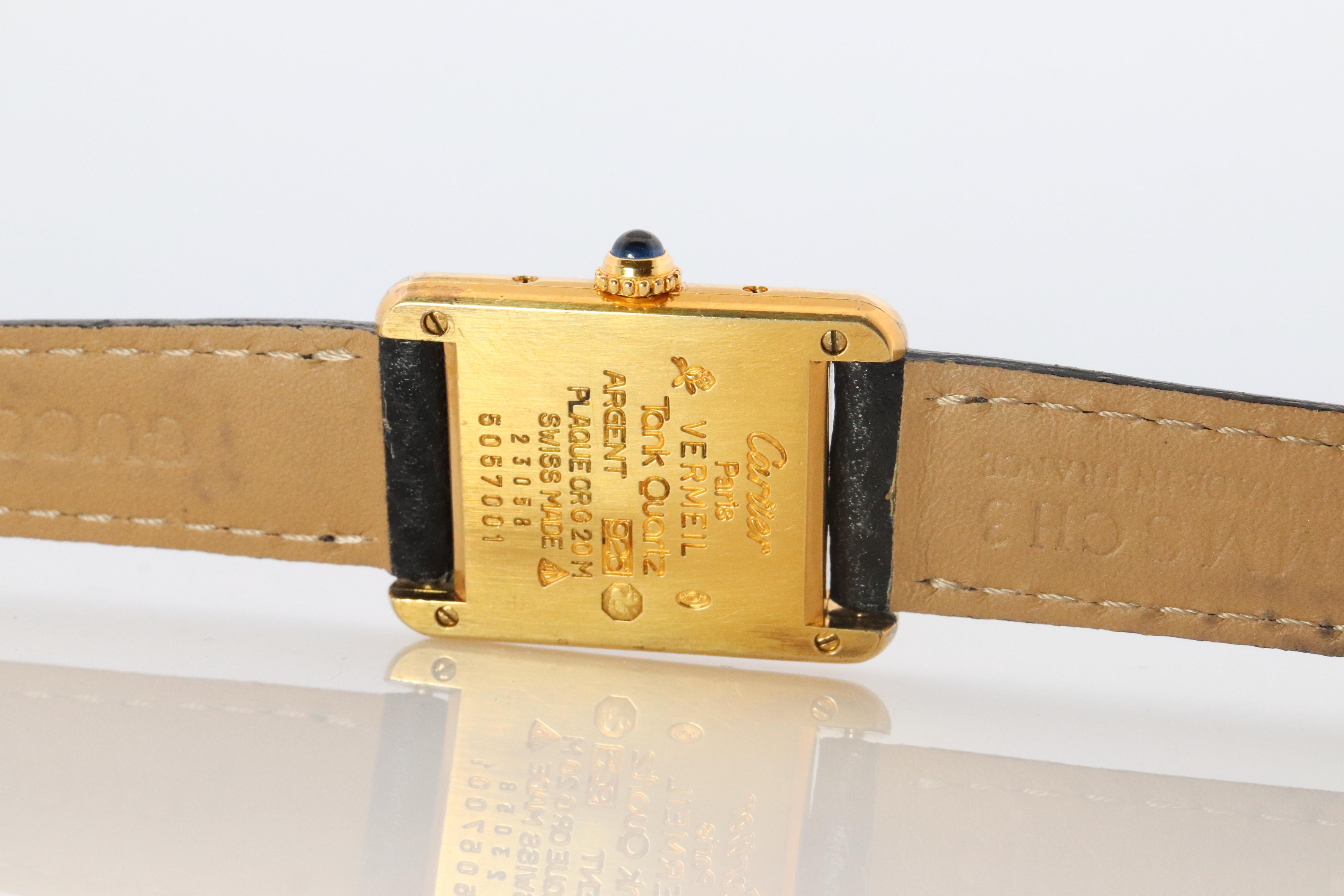 Reloj Vintage Must de Cartier Tank Esfera Negra Vermeil ARGENT Pequeño Tanque Manual en venta 3