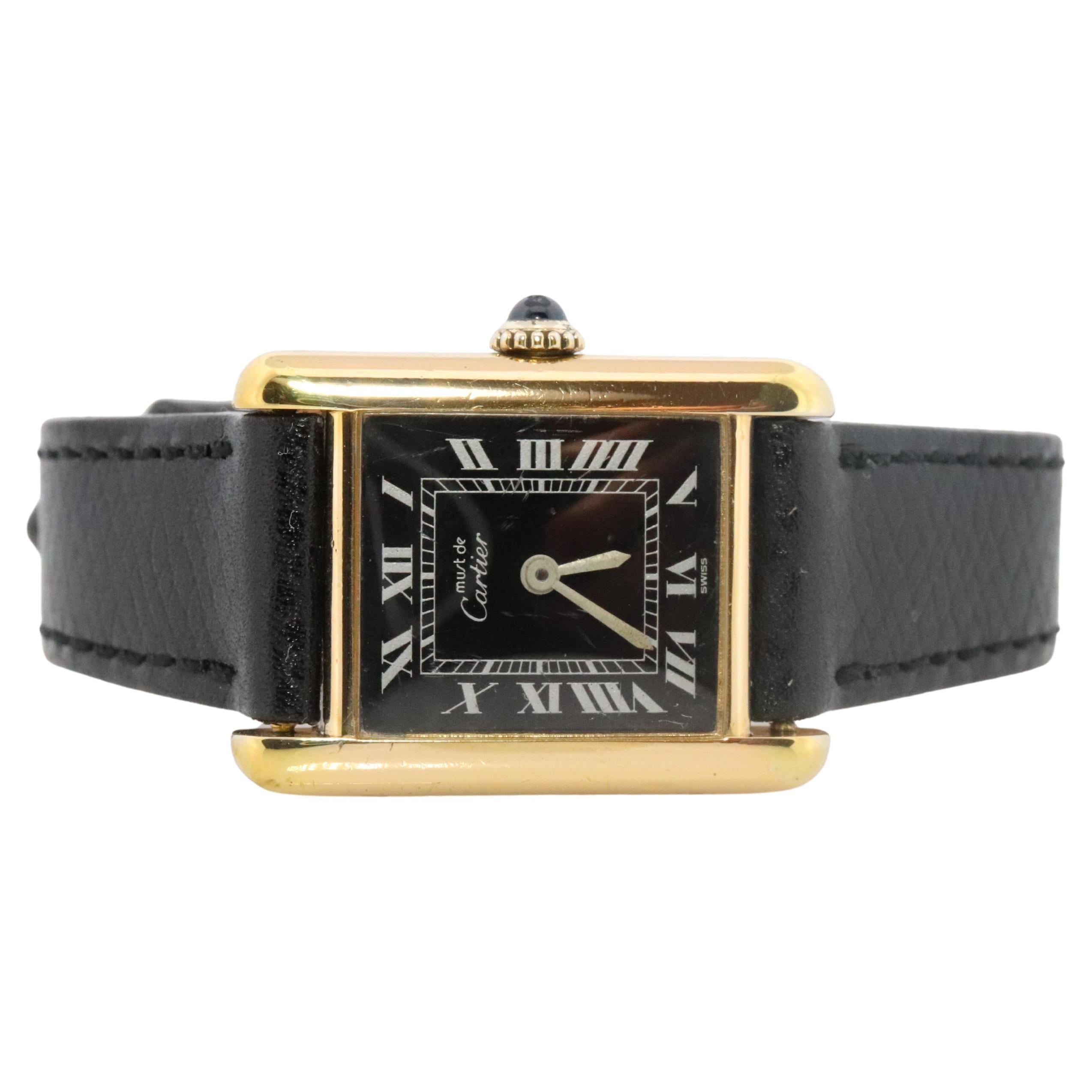 Vintage Must de Cartier Tank Black Dial Watch Vermeil ARGENT Small Manual Tank