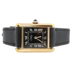 Vintage Must de Cartier Tank Black Dial Watch Vermeil ARGENT Small Manual Tank