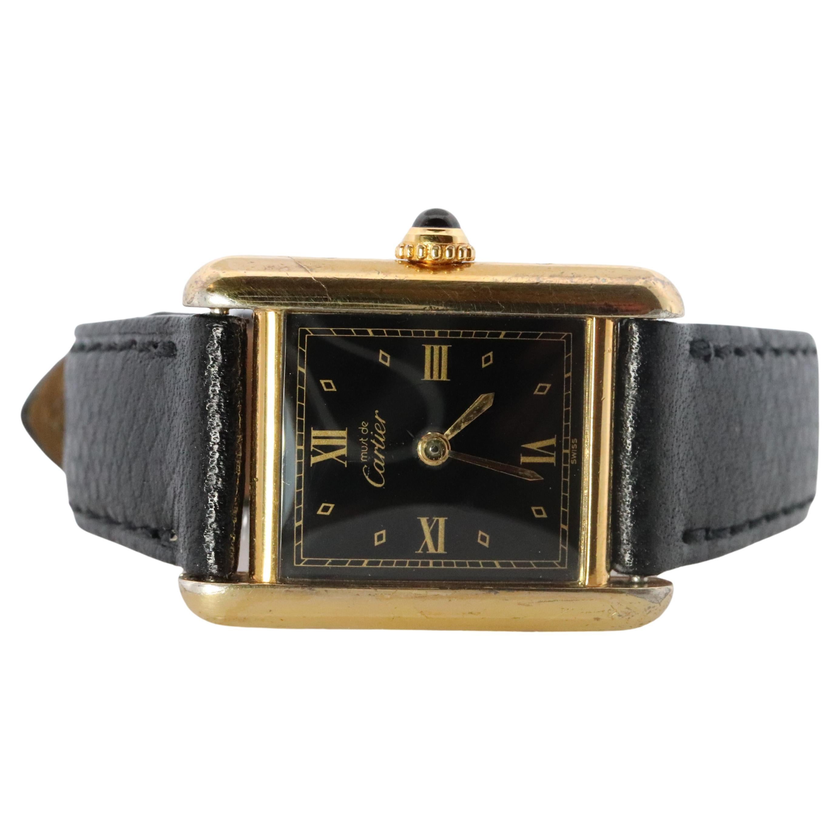 Vintage Must de Cartier Tank Orologio Quadrante Nero Vermeil ARGENT Piccolo Serbatoio Manuale