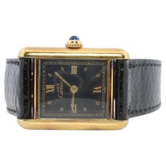 Vintage Must de Cartier Tank Black Dial Watch Vermeil ARGENT Small Manual Tank