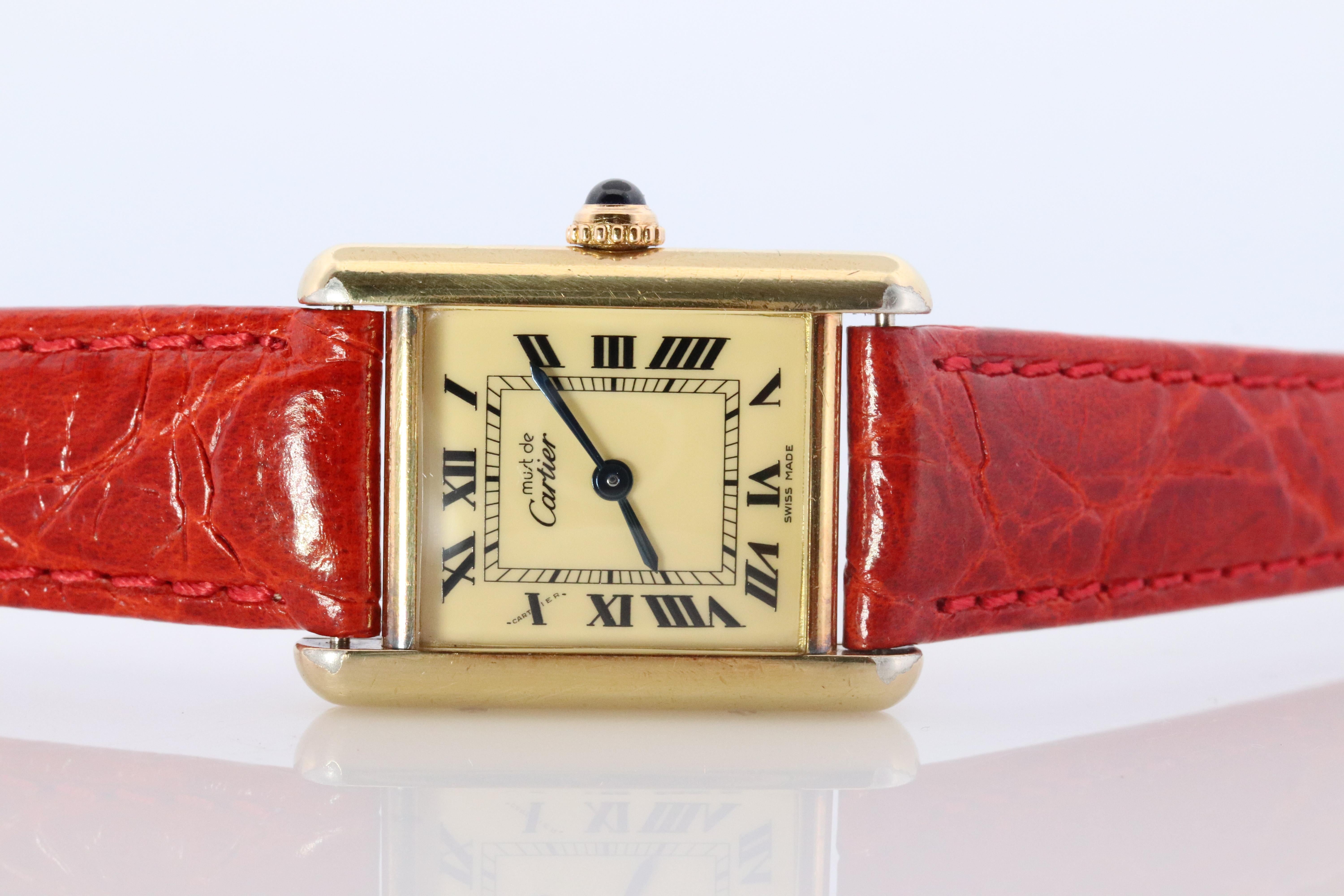 Cabochon Vintage Must de Cartier Tank Gold Dial Watch. Vermeil ARGENT Small Tank For Sale