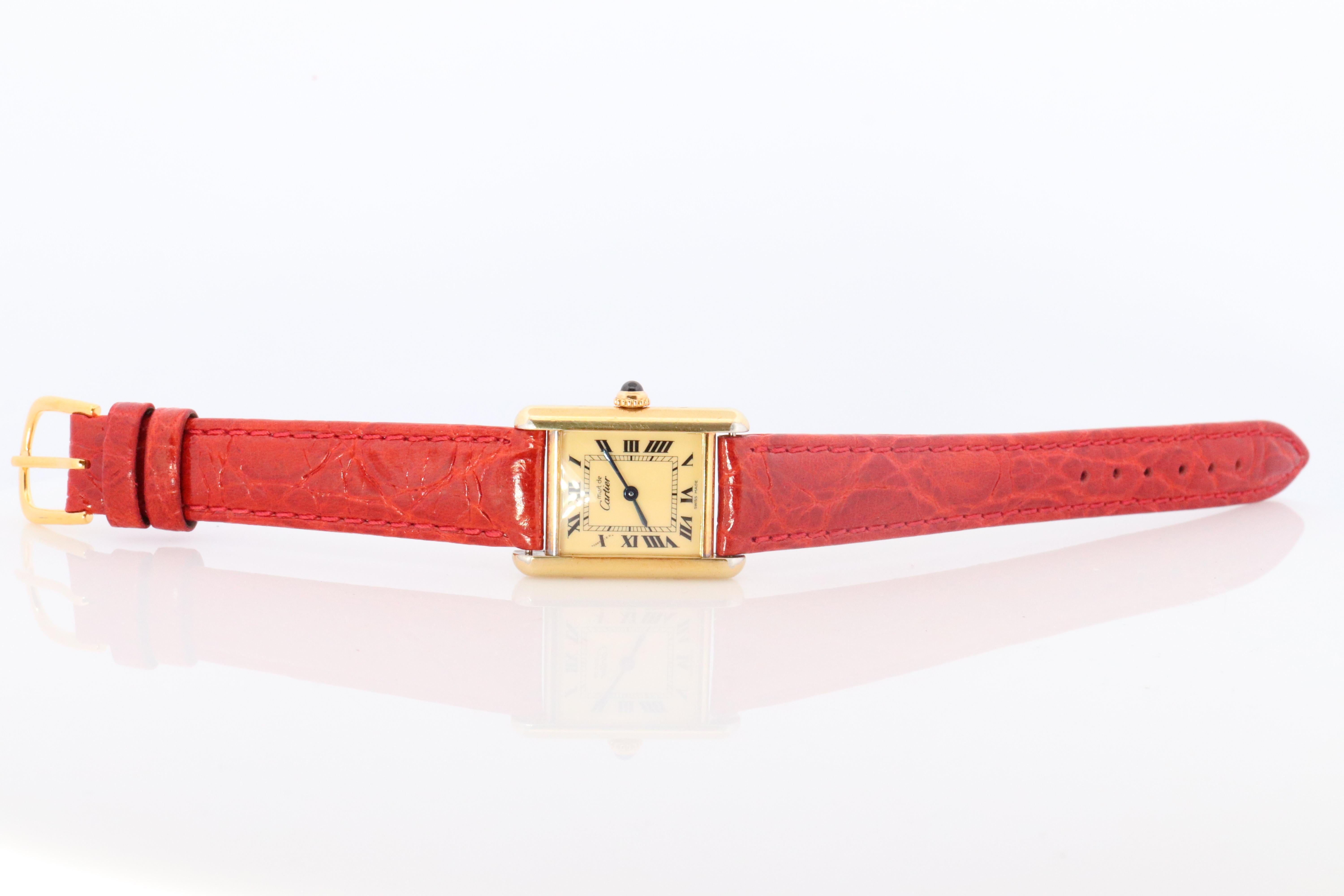 Vintage Must de Cartier Tank Gold Dial Watch. Vermeil ARGENT Small Tank In Good Condition For Sale In Port Charlotte, FL