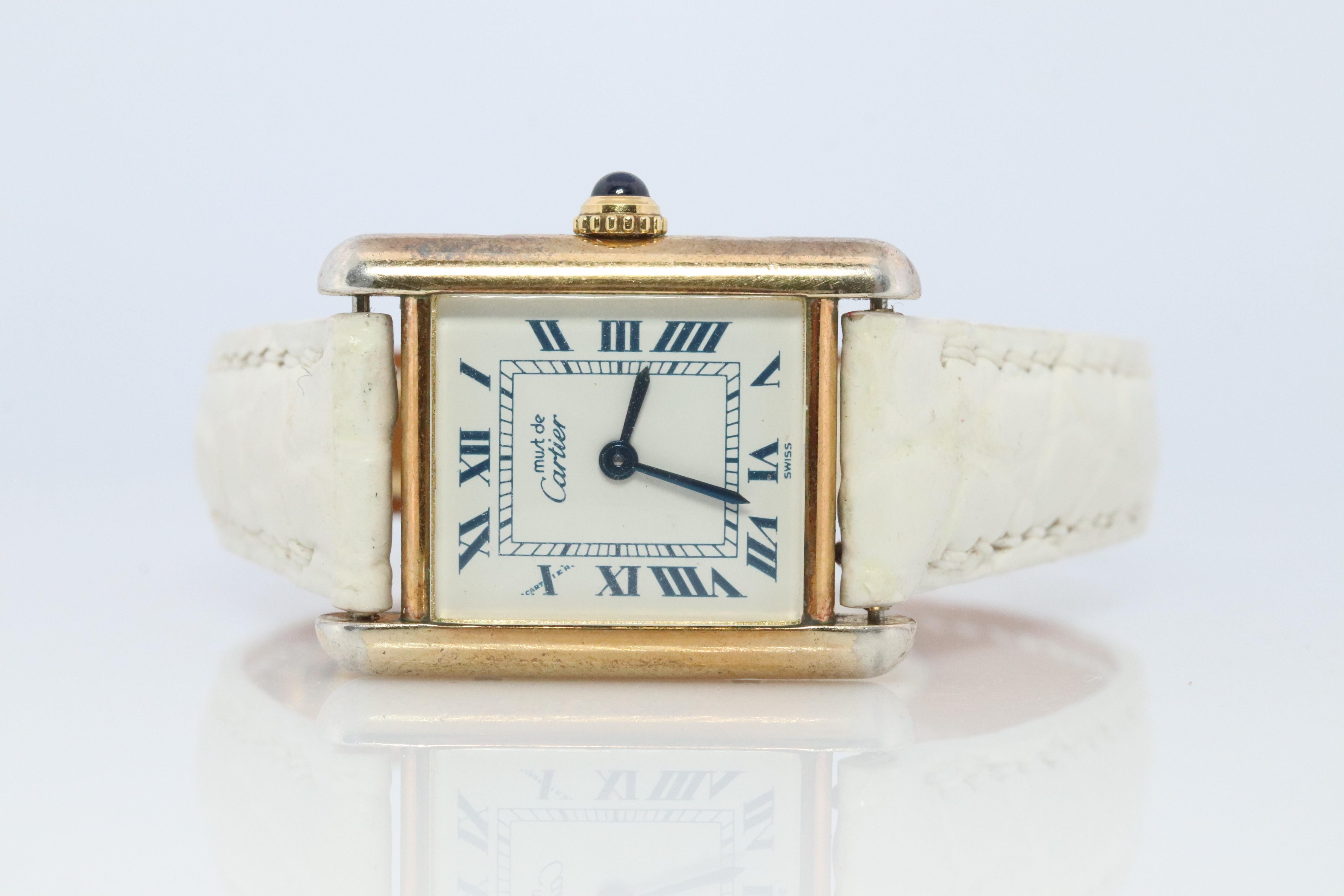 Must de Cartier Vintage Tank-Uhr mit goldenem Zifferblatt. Vermeil ARGENT Kleiner Tank im Zustand „Gut“ im Angebot in Port Charlotte, FL