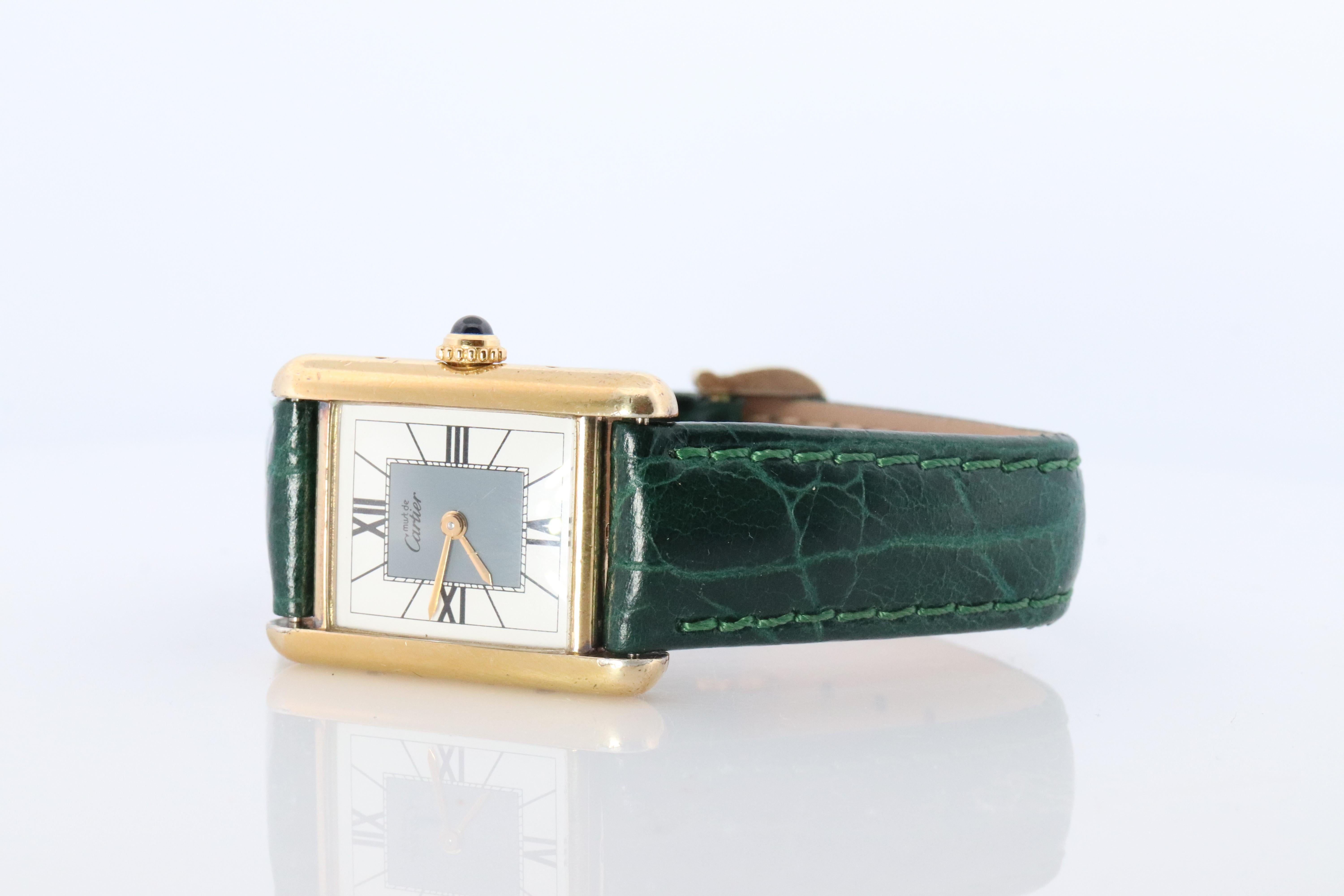 Cabochon Vintage Must de Cartier Tank Gray 5057001 Dial Watch Vermeil ARGENT Small Tank For Sale