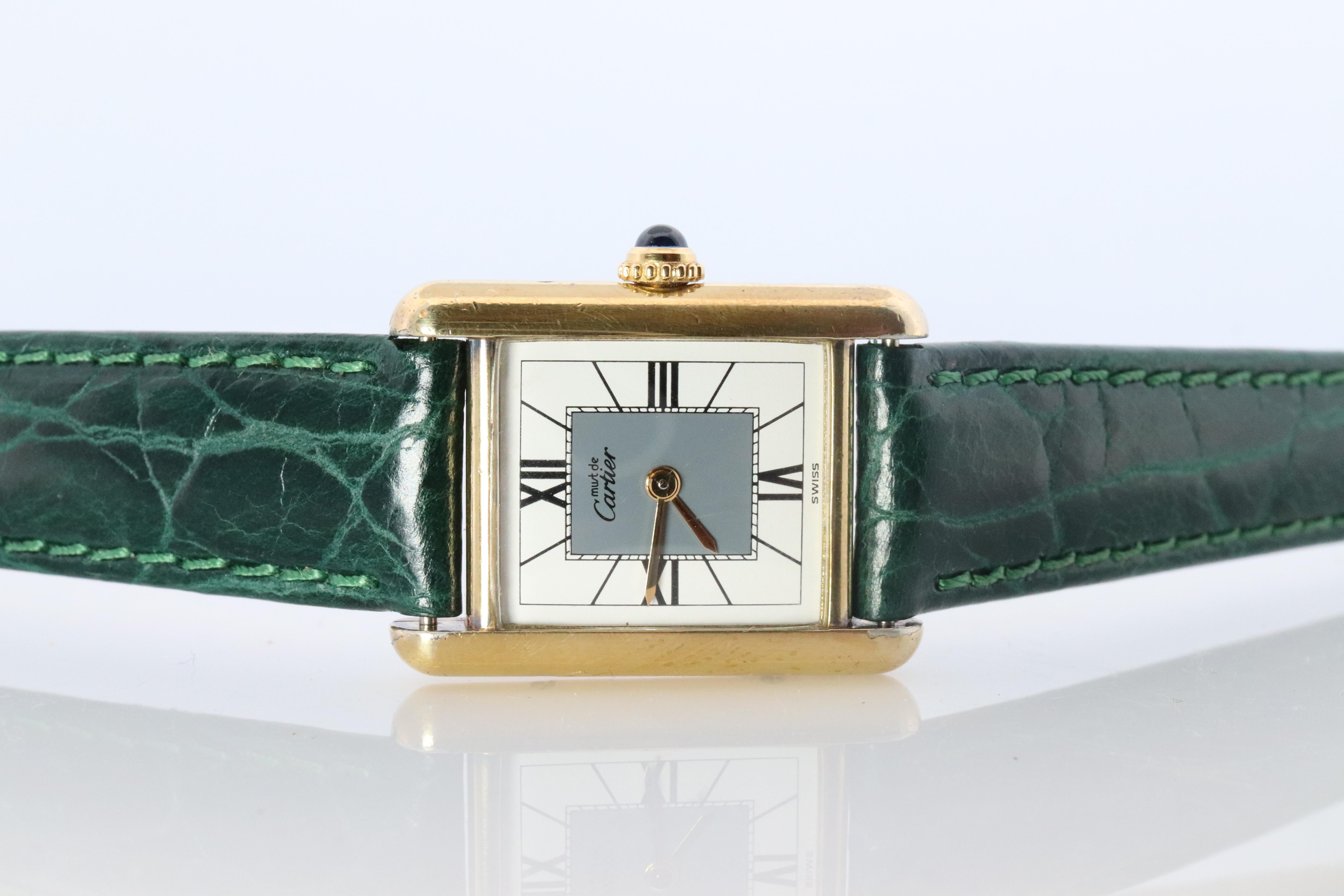 Vintage Must de Cartier Tank Gray 5057001 Dial Watch Vermeil ARGENT Small Tank In Good Condition For Sale In Port Charlotte, FL