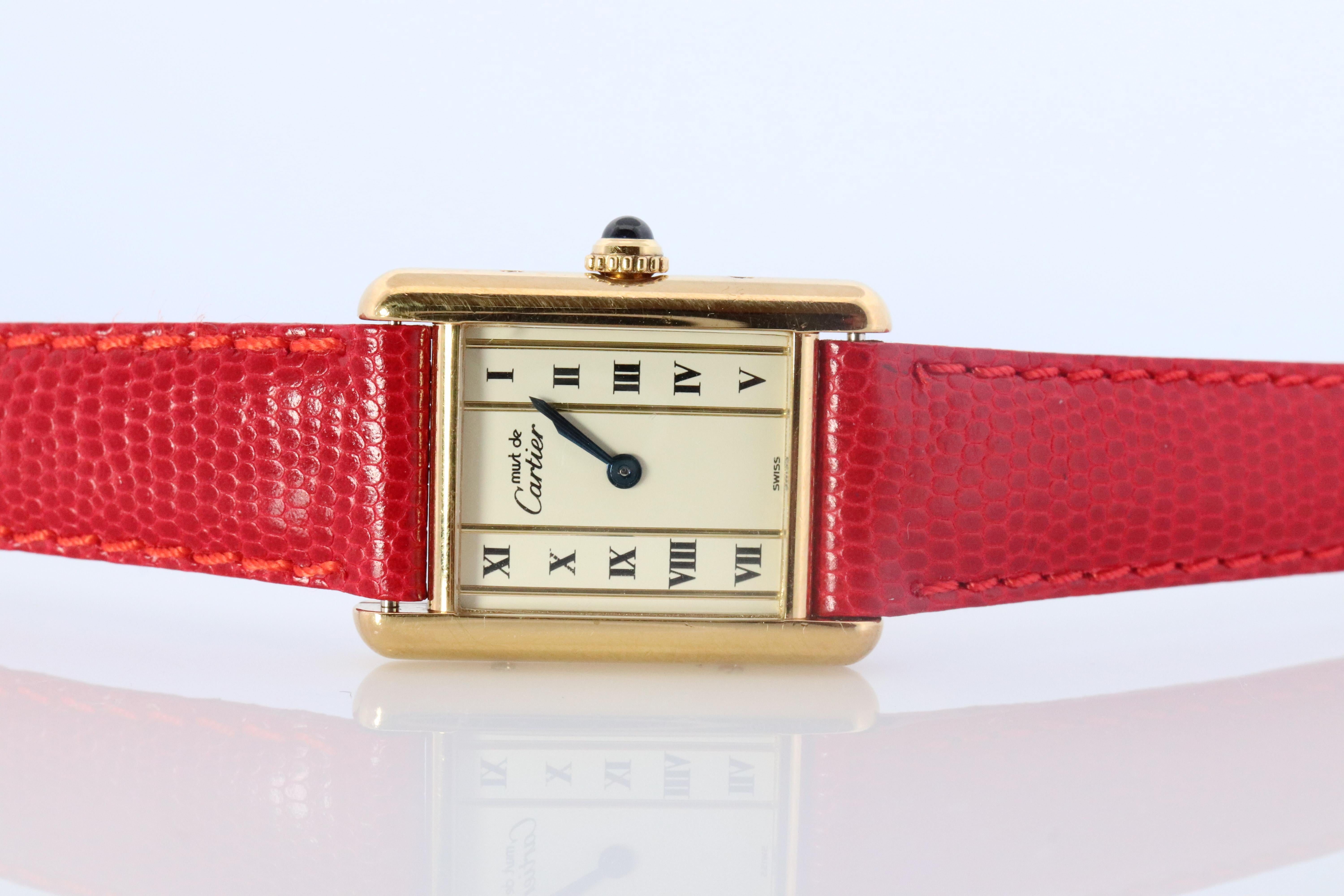 Cabochon Vintage Must de Cartier Tank Pillar 1613 Dial Watch. Vermeil ARGENT Small Tank