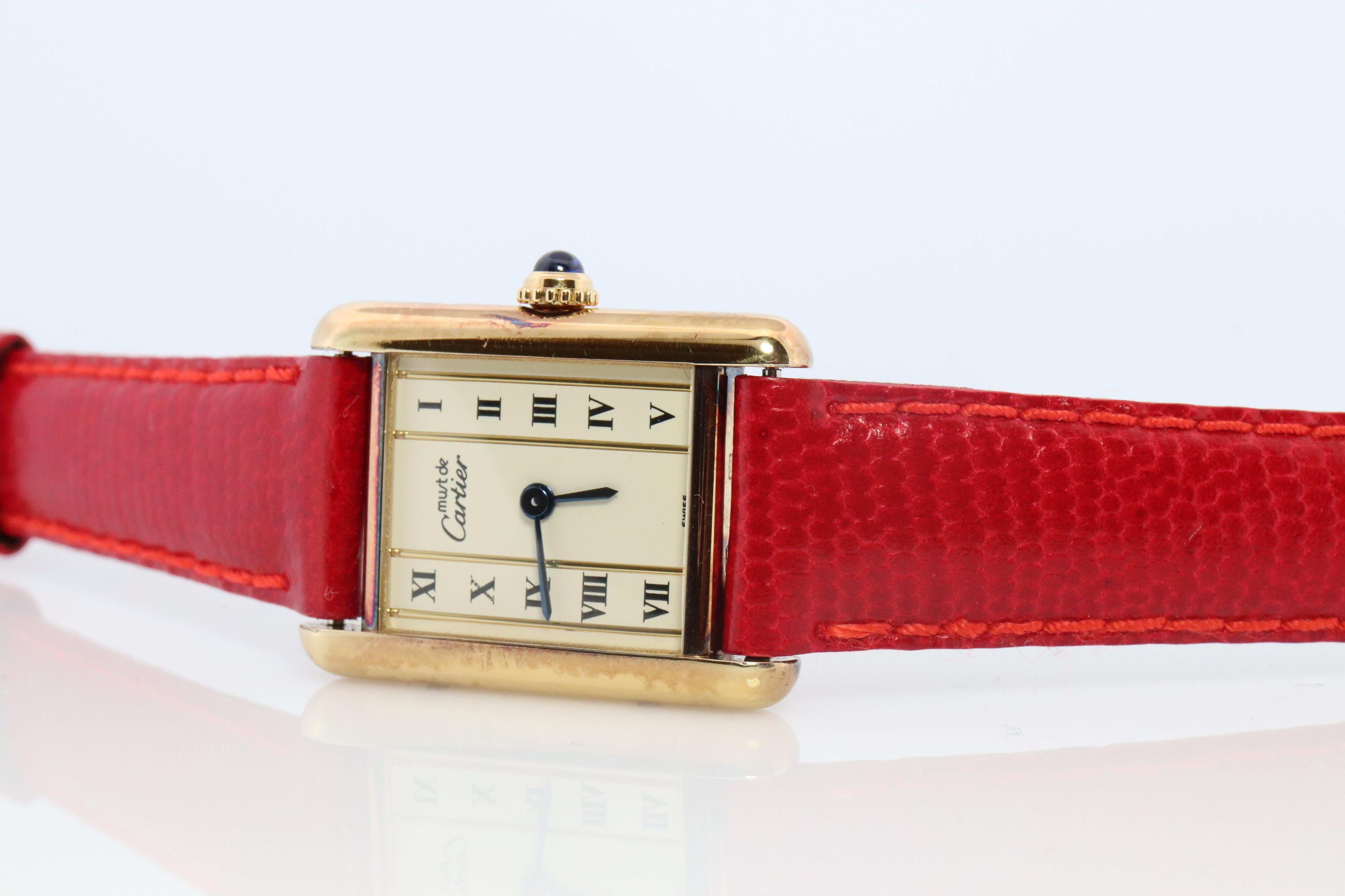 Cabochon Vintage Must de Cartier Tank Pillar 5057001 Dial Watch Vermeil ARGENT Small Tank For Sale