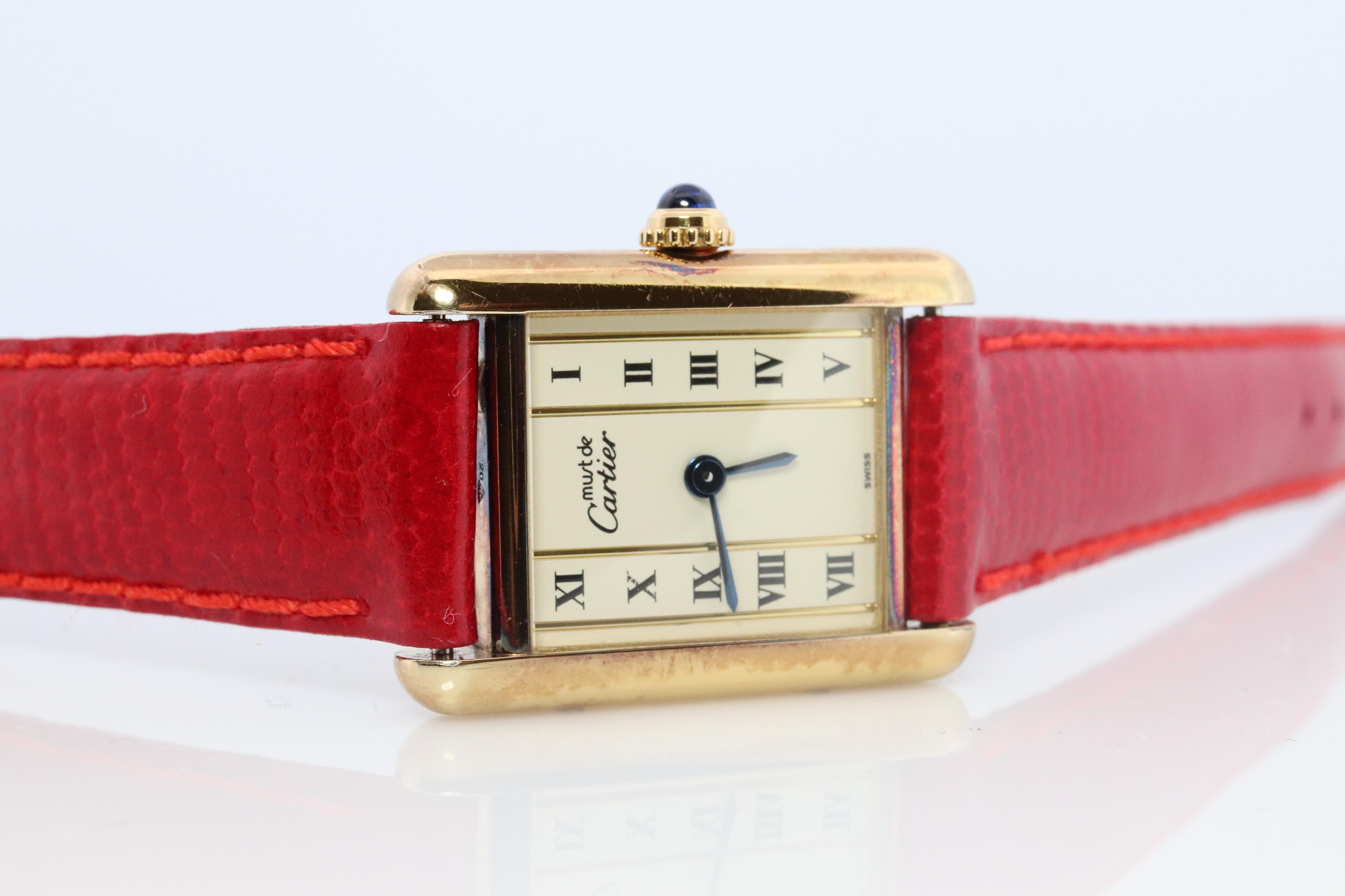 Vintage Must de Cartier Tank Pillar 5057001 Dial Watch Vermeil ARGENT Small Tank In Good Condition For Sale In Port Charlotte, FL