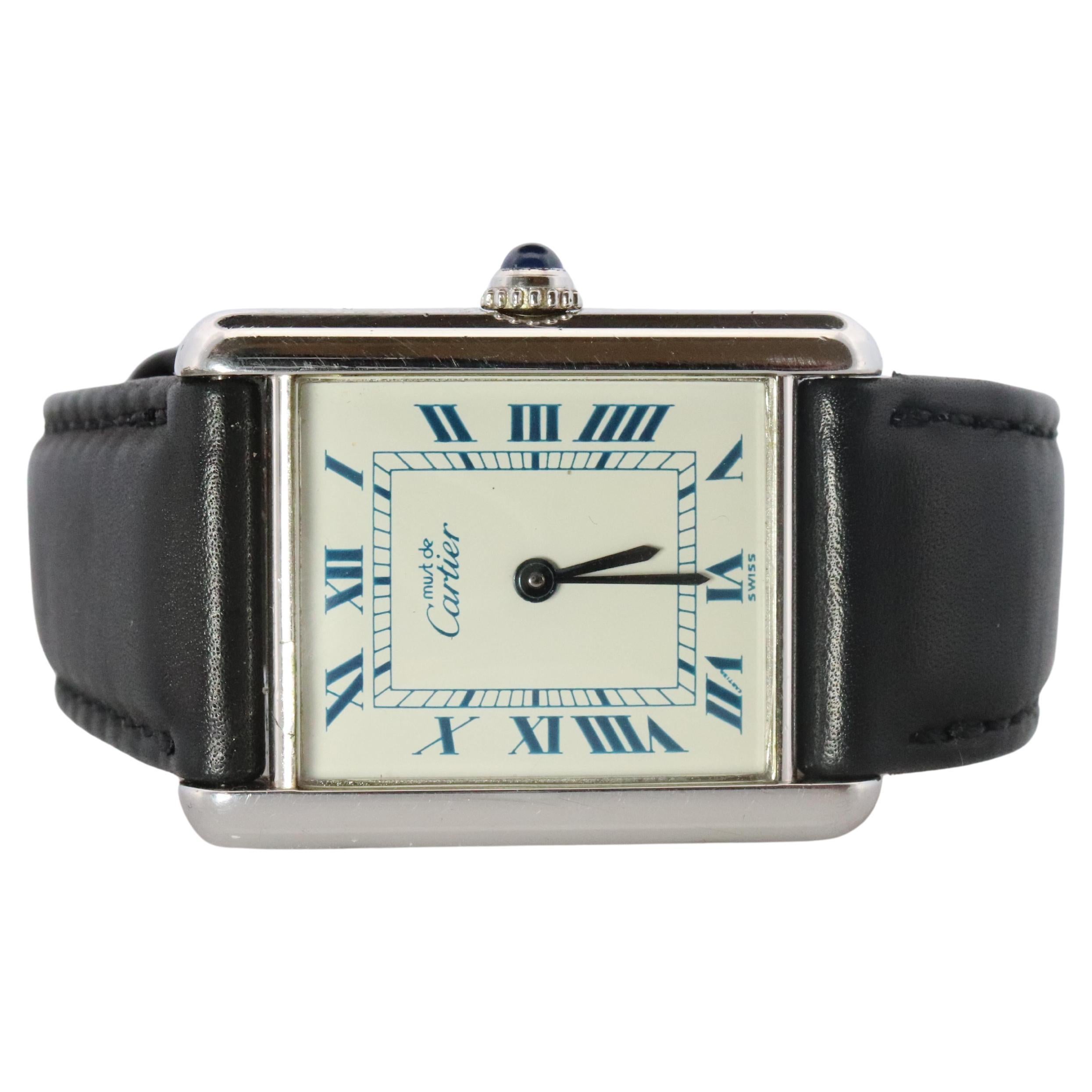 Orologio da serbatoio Must de Cartier d'epoca. Serbatoio 925 Sterling 690006 quadrante bianco blu