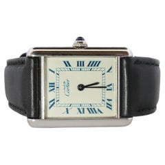 Reloj Must de Cartier Vintage. 925 Sterling 690006 Blanco Esfera Azul Tanque