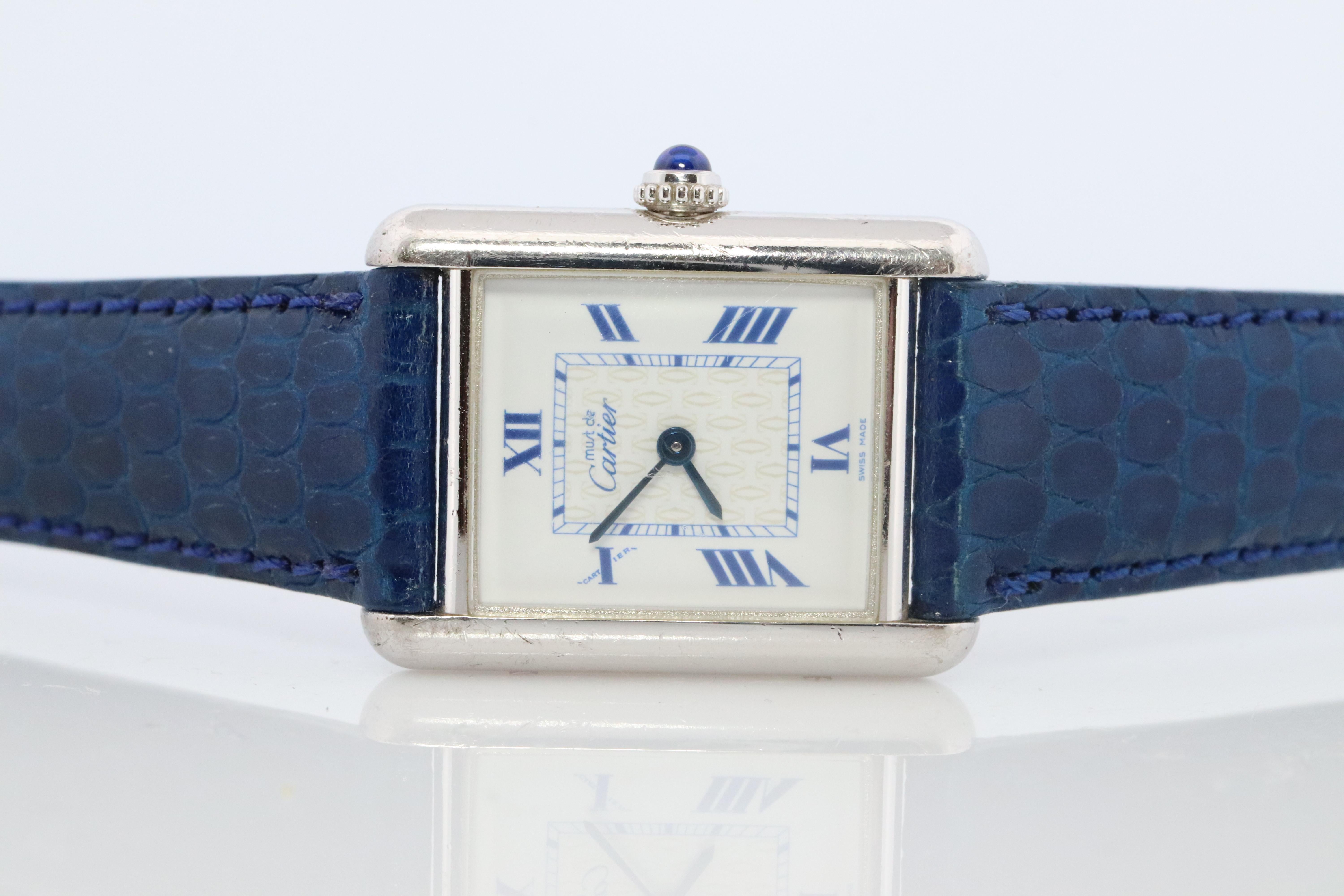 Cabochon Vintage Must de Cartier Tank Watch. 925 Vermeil ARGENT 2416 Blue Dial Tank For Sale