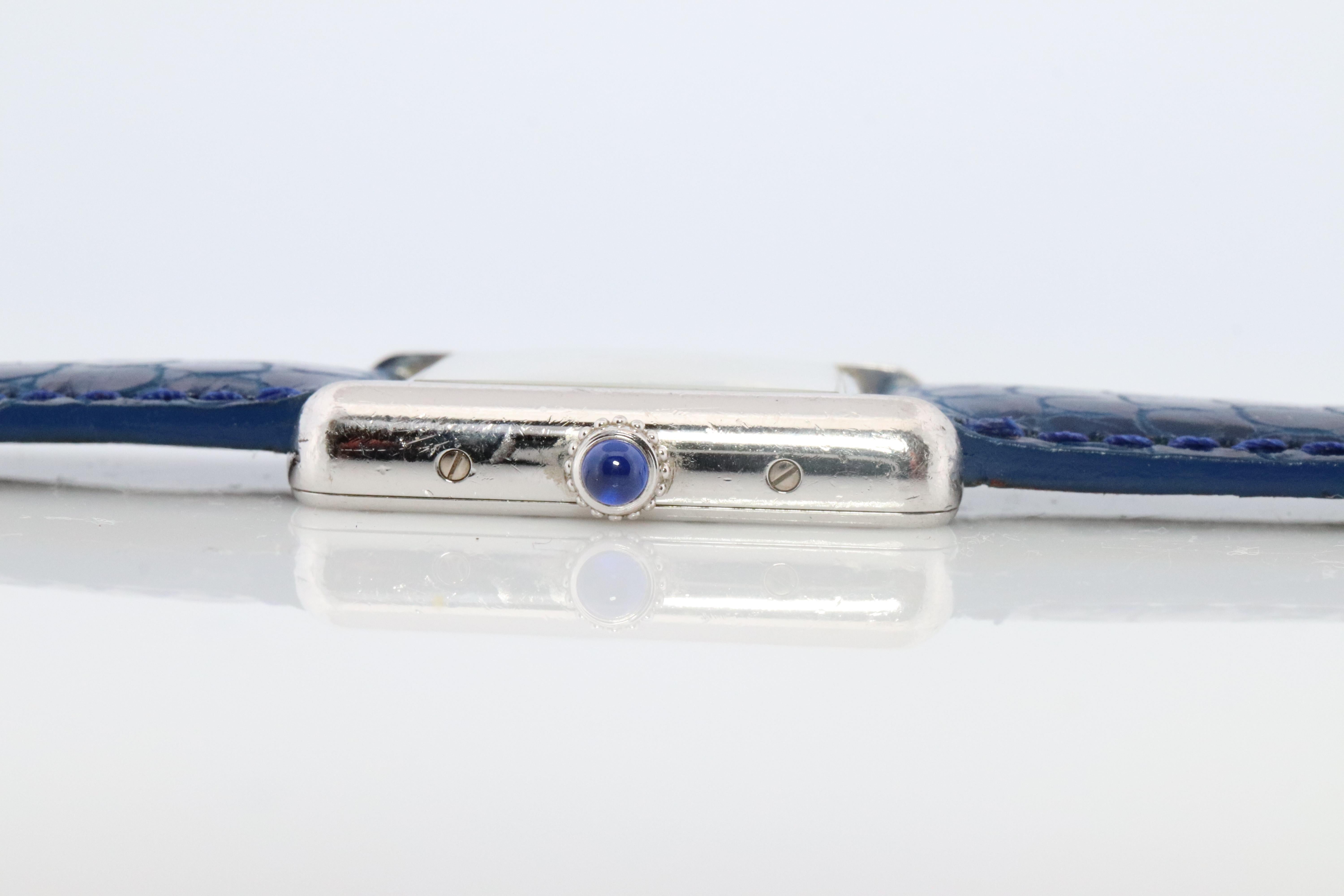 Vintage Must de Cartier Tank Watch. 925 Vermeil ARGENT 2416 Blue Dial Tank In Good Condition For Sale In Port Charlotte, FL