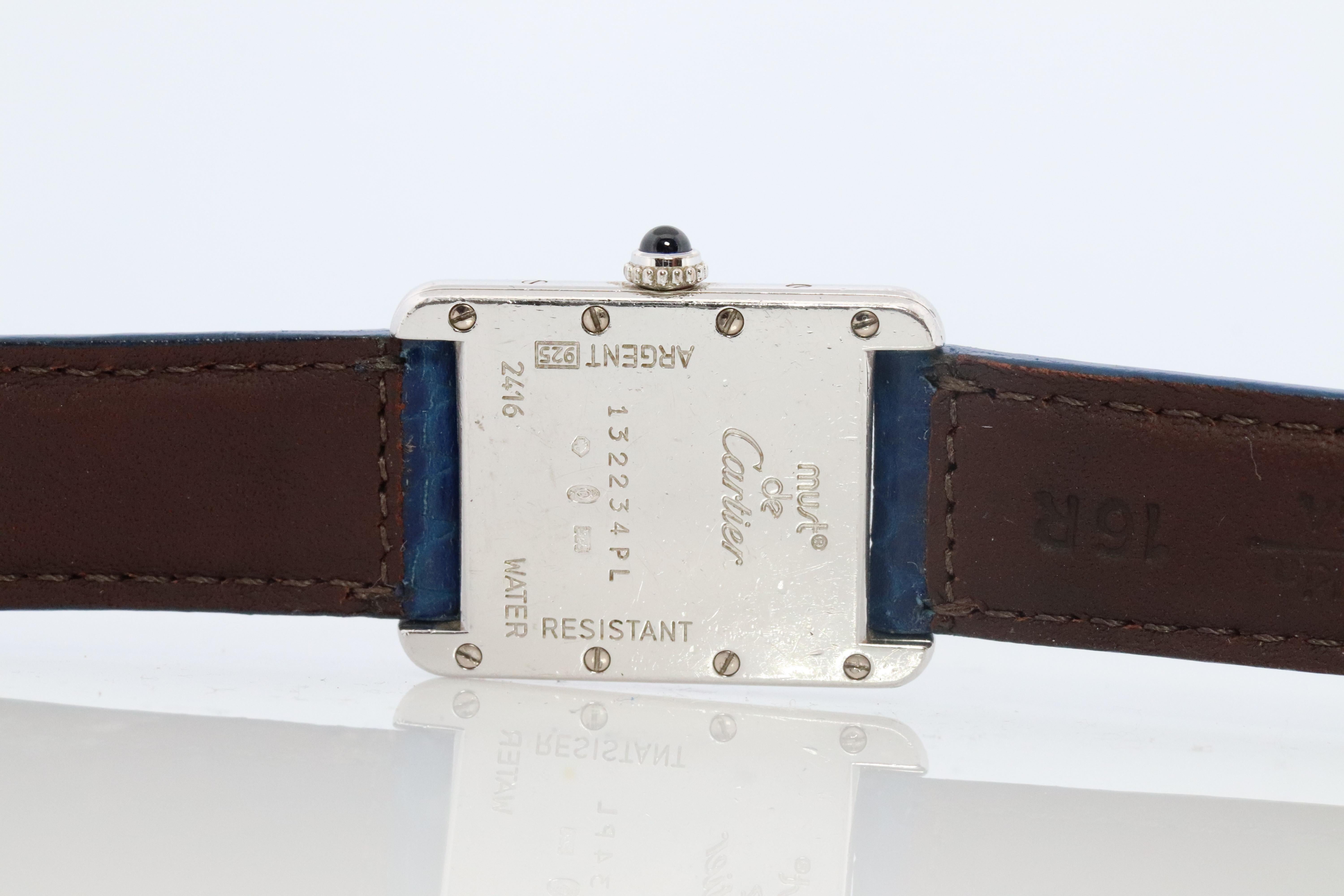 Women's Vintage Must de Cartier Tank Watch. 925 Vermeil ARGENT 2416 Blue Dial Tank For Sale