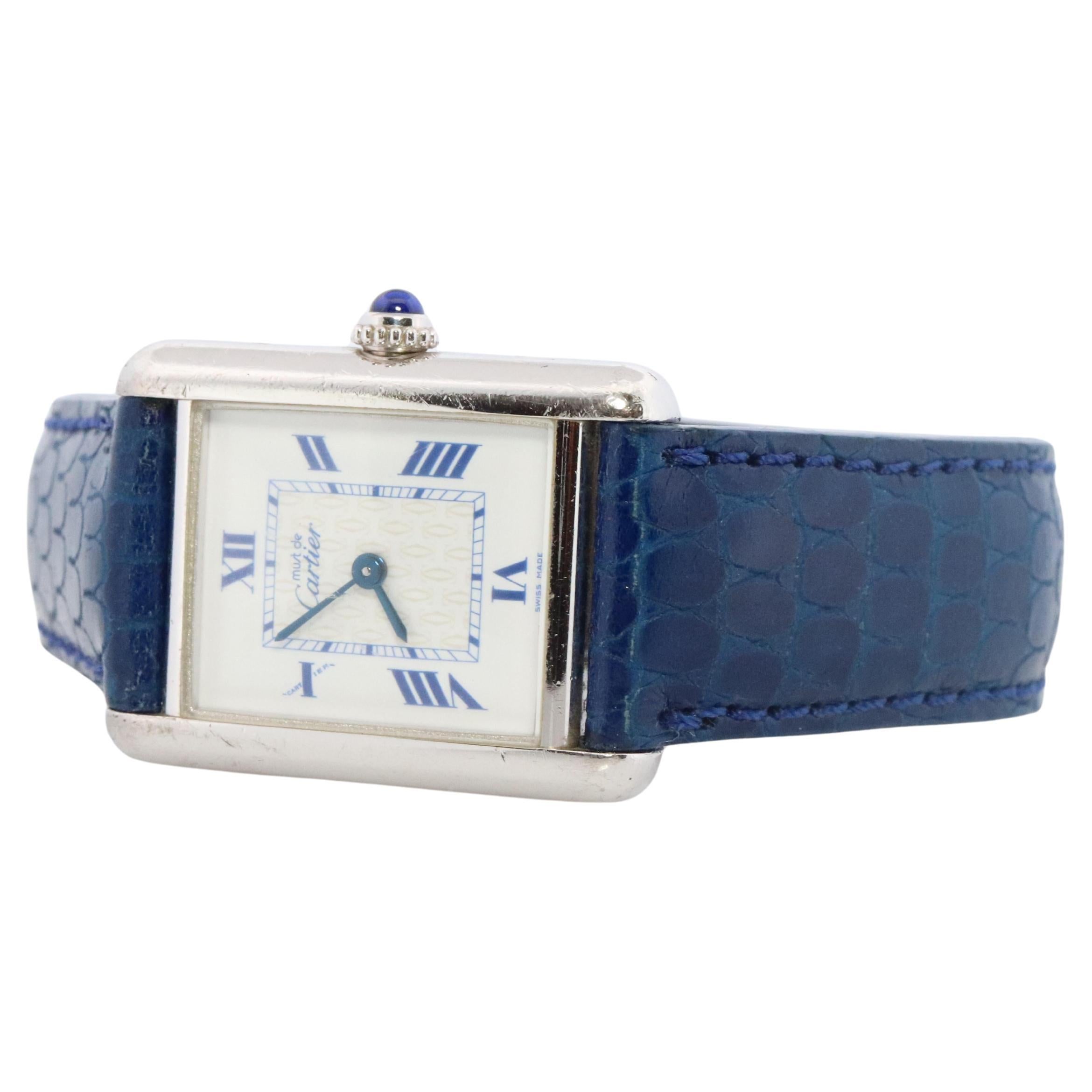 Vintage Must de Cartier Tank Watch. 925 Vermeil ARGENT 2416 Blue Dial Tank