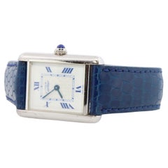 Vintage Must de Cartier Tank Watch. 925 Vermeil ARGENT 2416 Blue Dial Tank