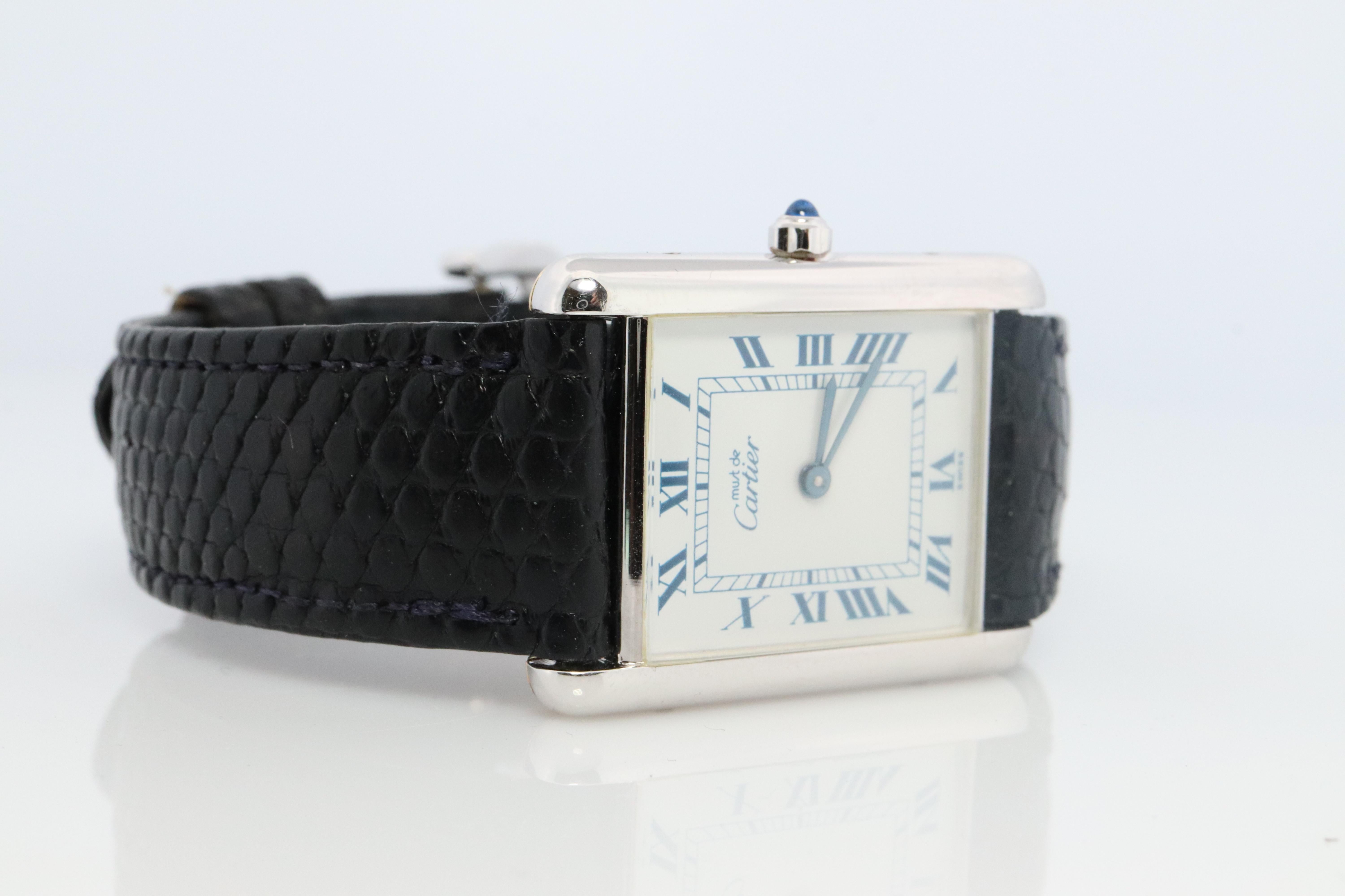 Modern Vintage Must de Cartier Tank Watch. 925 Vermeil ARGENT White Blue Dial Tank