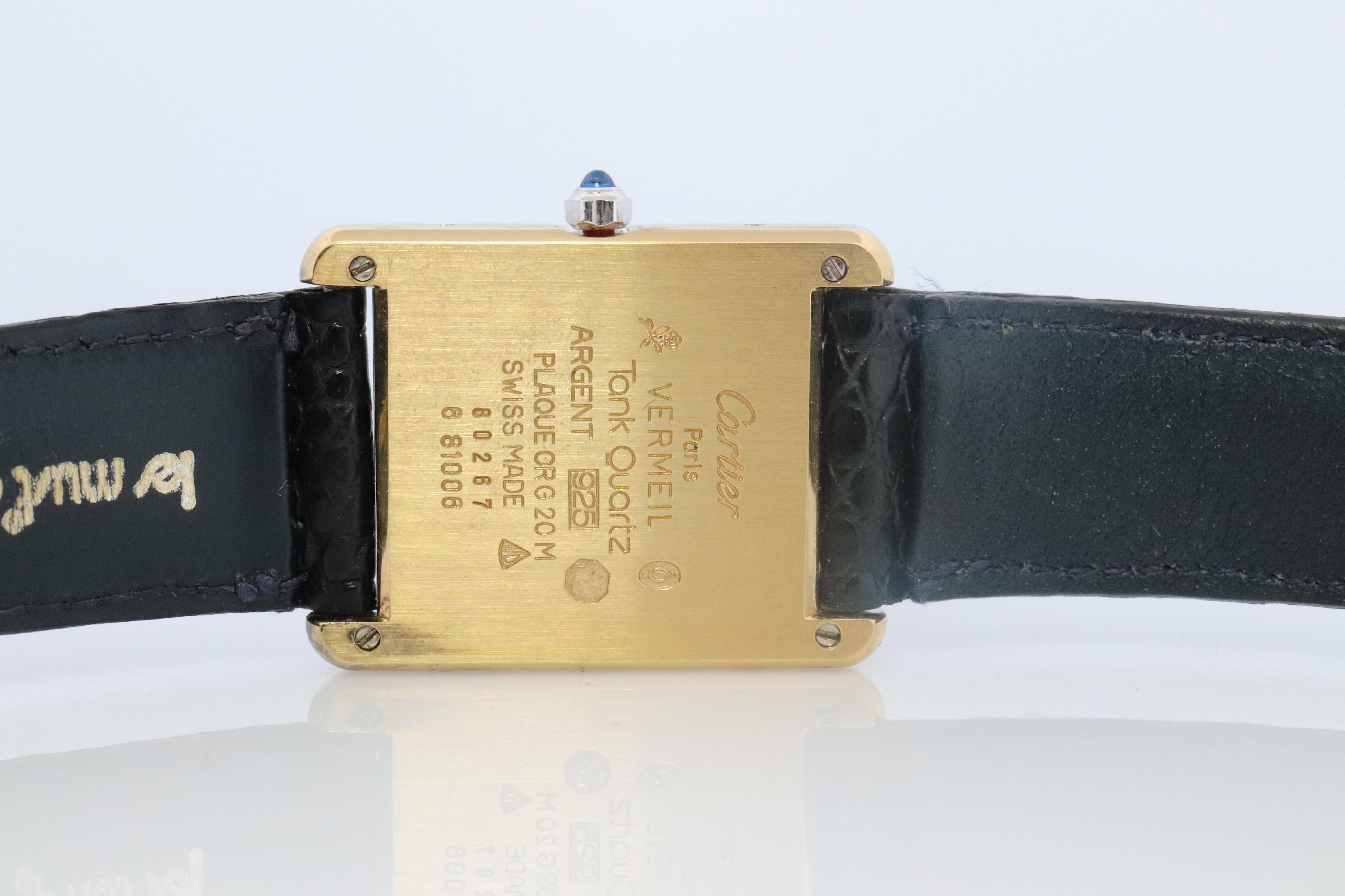Vintage Must de Cartier Tank Watch. 925 Vermeil ARGENT White Blue Dial Tank In Good Condition In Port Charlotte, FL