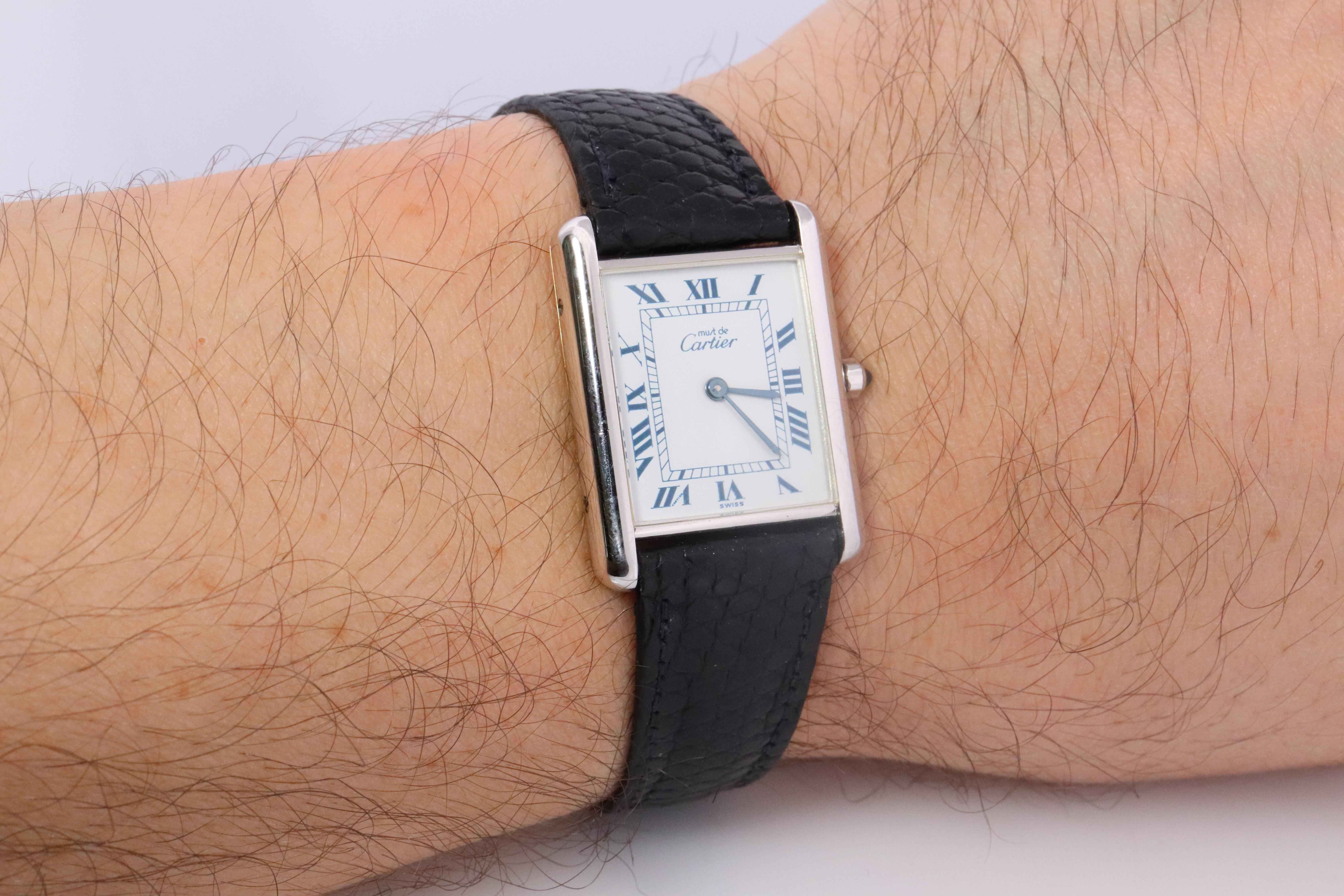 Vintage Must de Cartier Tank Watch. 925 Vermeil ARGENT White Blue Dial Tank 3