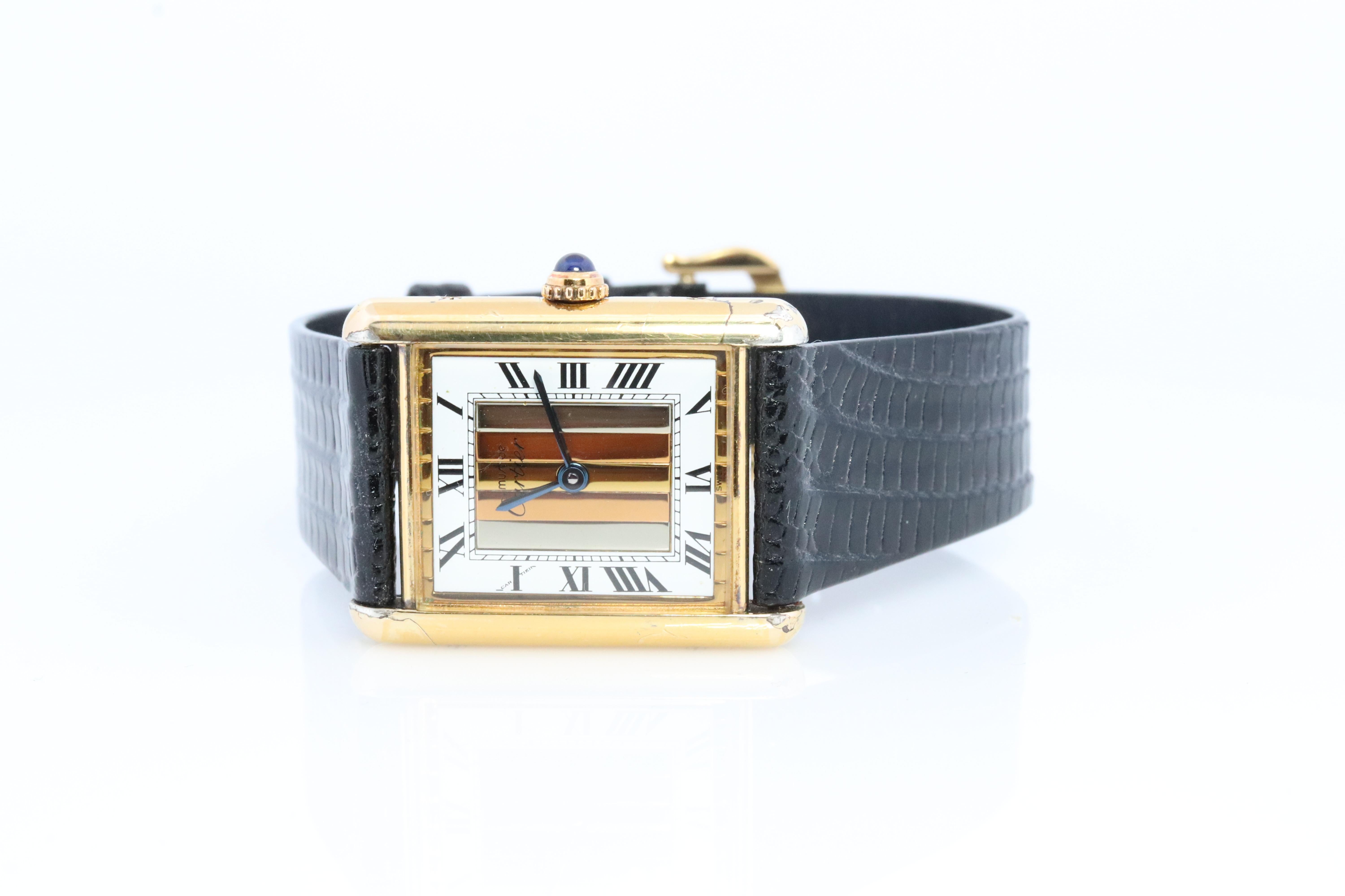 Vintage Must de Cartier Trinity Tank-Uhr. 925 Vermeil ARGENT Tricolor Tank. 1