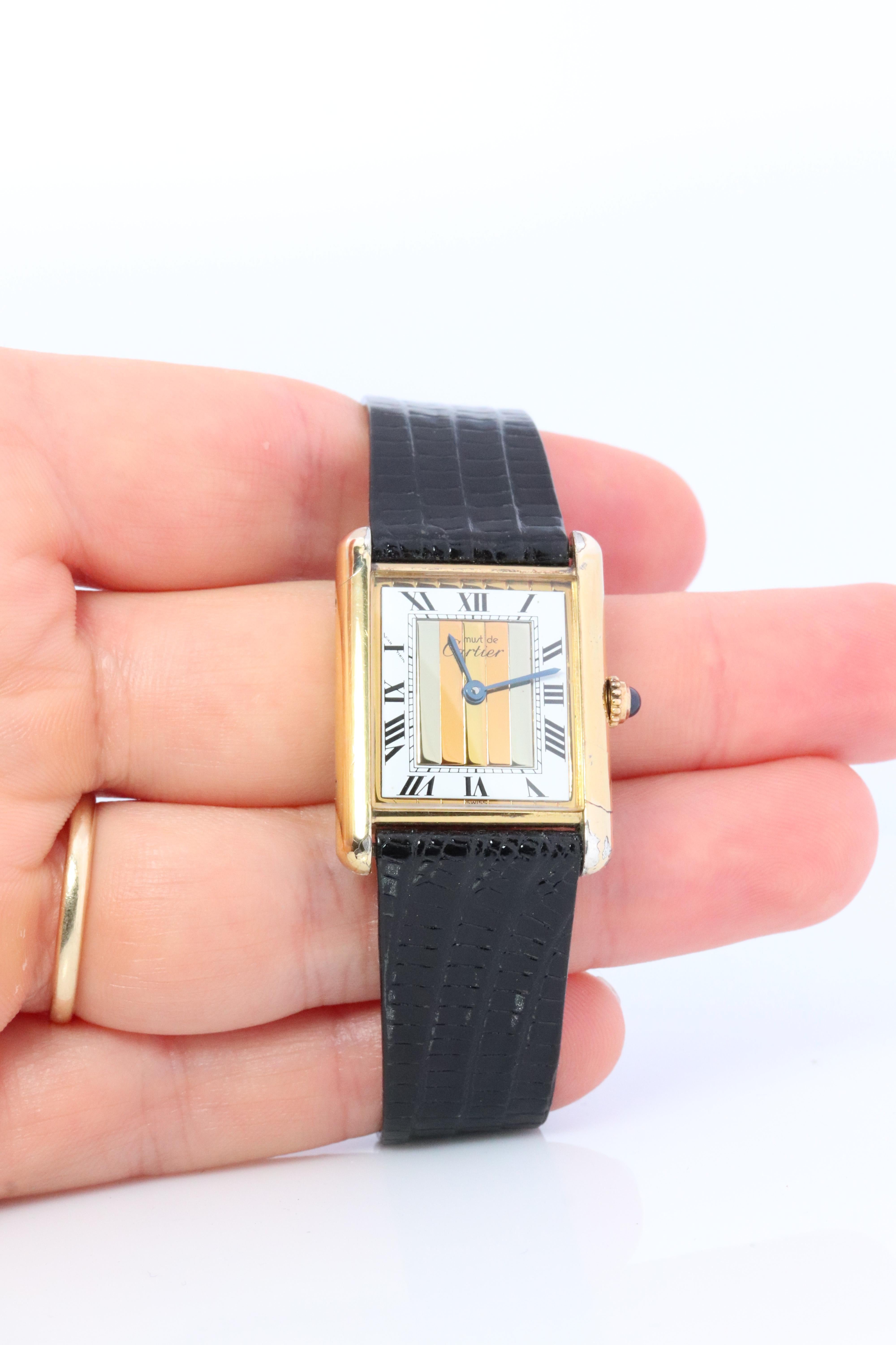 Vintage Must de Cartier Trinity Tank-Uhr. 925 Vermeil ARGENT Tricolor Tank. 4