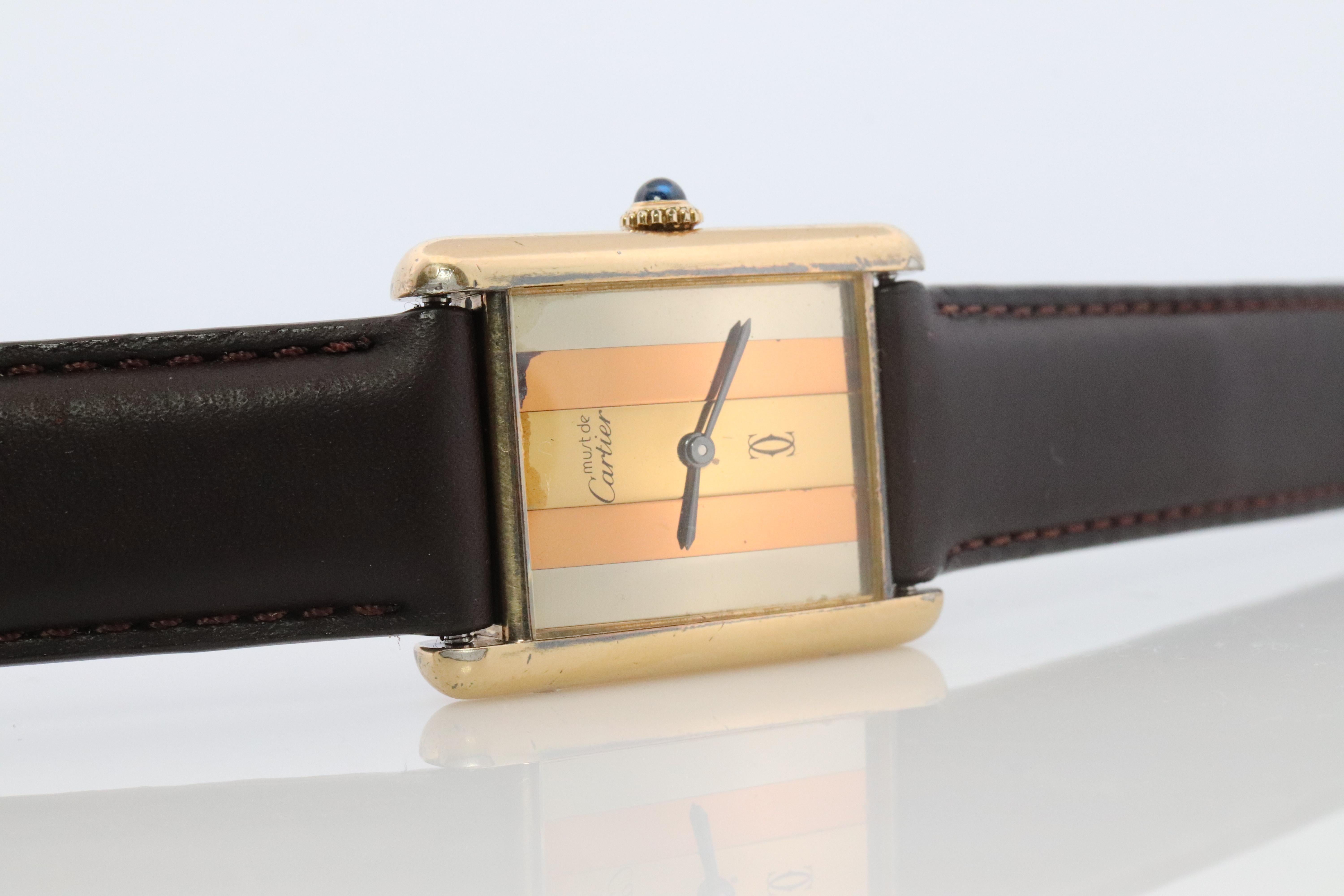 Cabochon Vintage Must de Cartier Trinity Tank Watch. Large ARGENT Tricolor Windup Tank For Sale