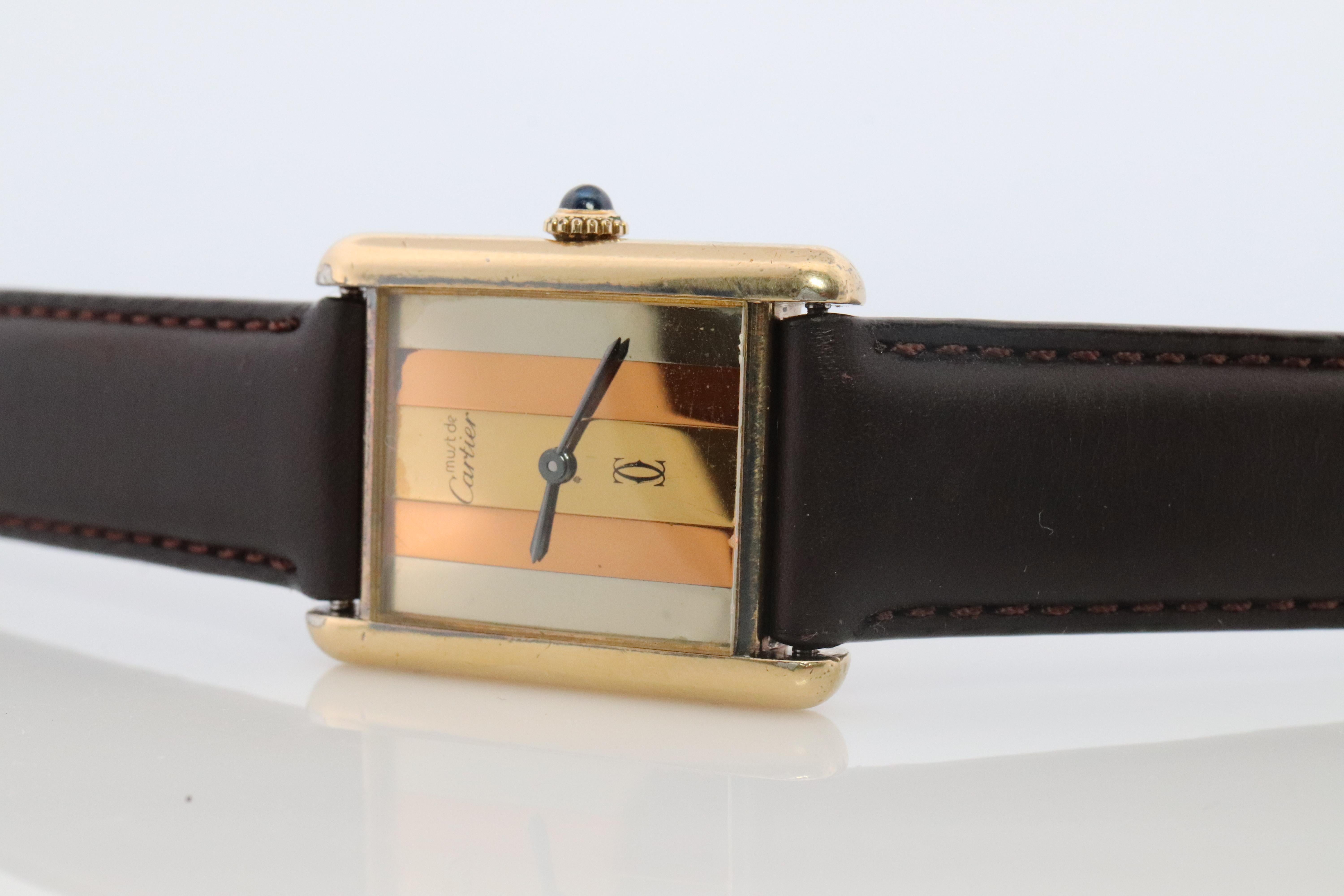 Vintage Must de Cartier Trinity Tank Watch. Large ARGENT Tricolor Windup Tank In Good Condition For Sale In Port Charlotte, FL