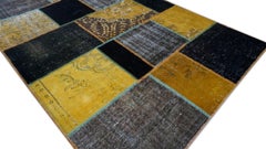 Vintage Mustard and Charcoal Hand-Woven Patchwork Wool Rug 5'7''x8'3''