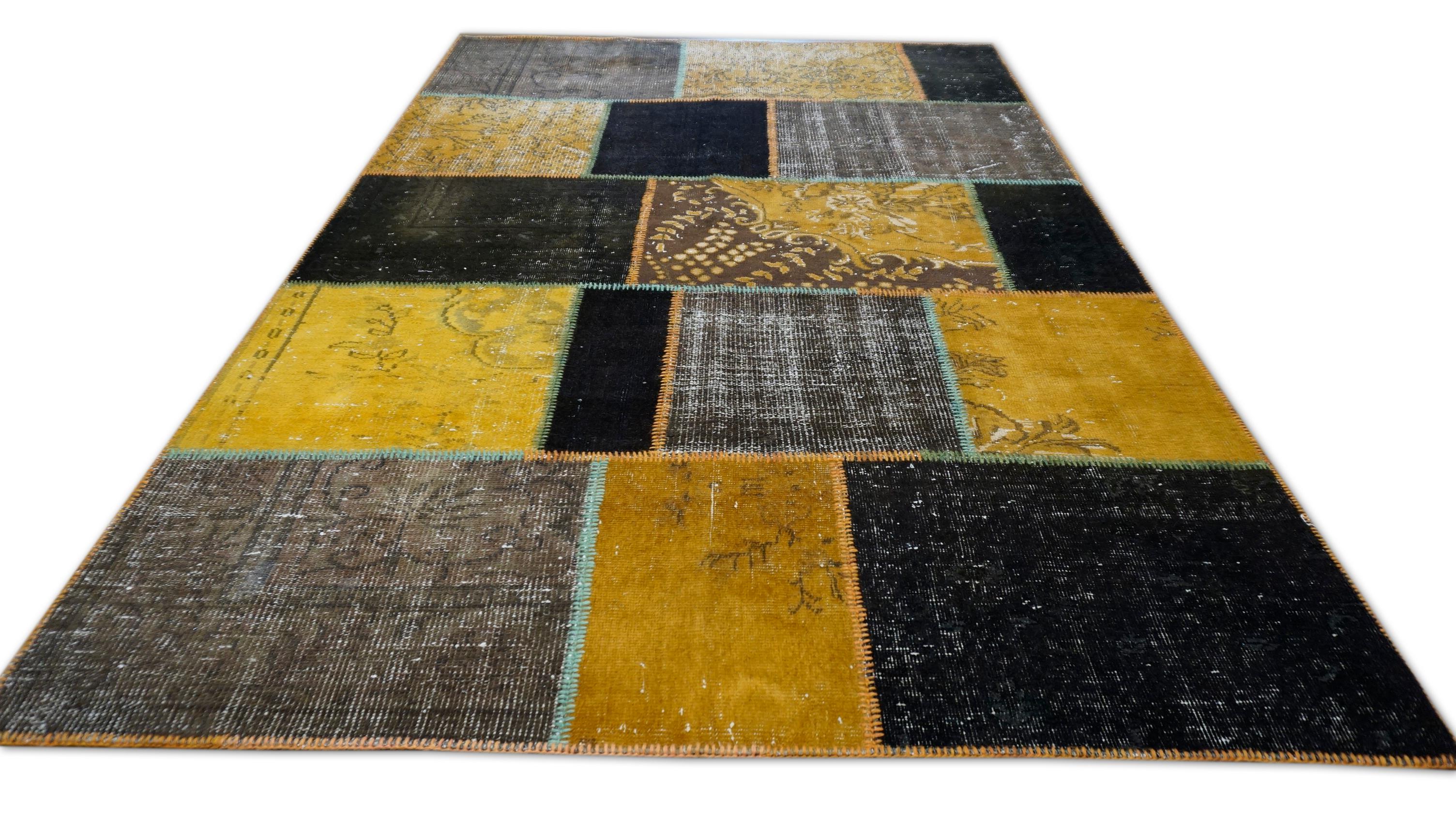 Moderno Tappeto in lana patchwork vintage senape e carbone tessuto a mano 5'7''x8'3'' in vendita