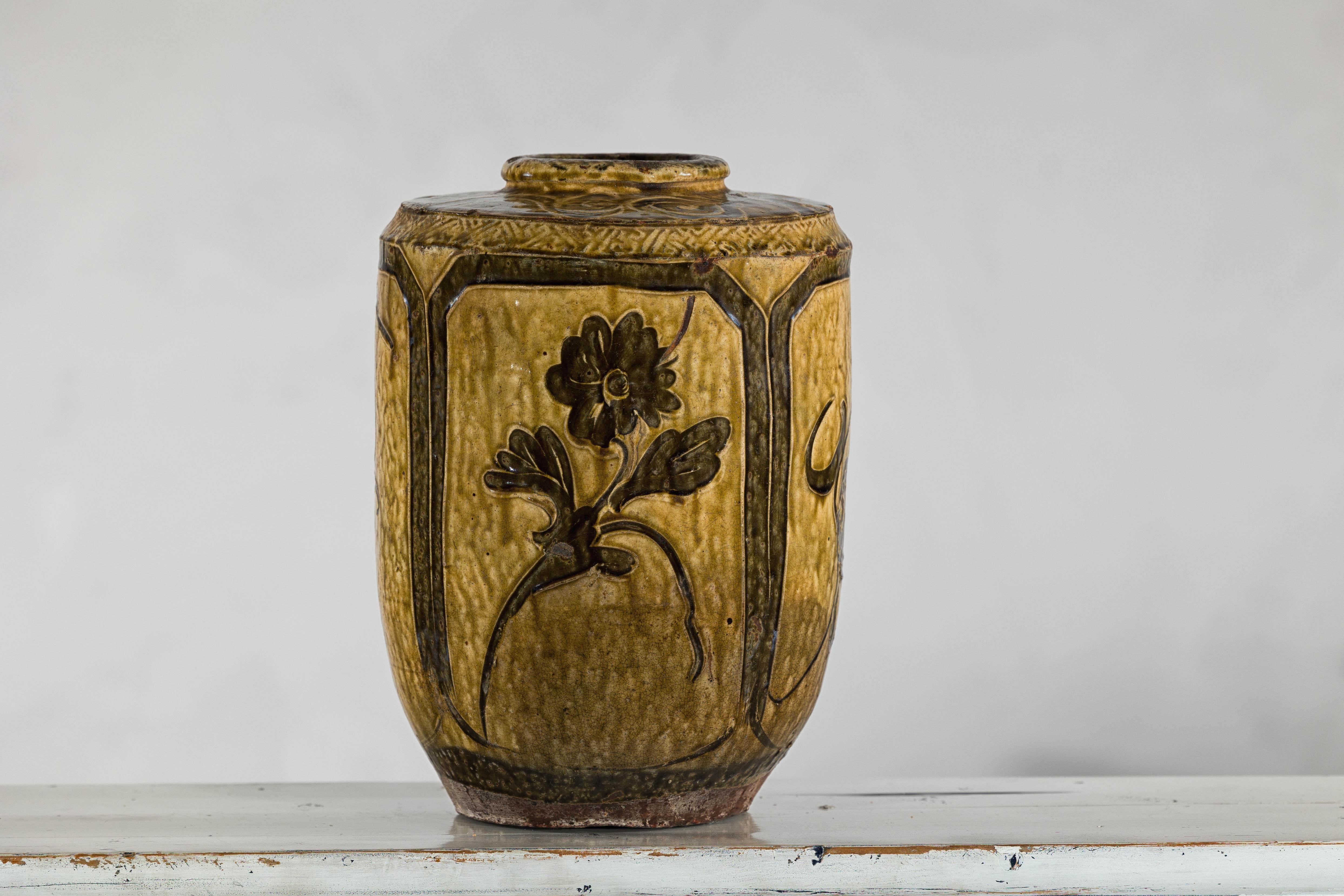 Vintage Mustard Brown Glazed Ceramic Vase with Incised Floral and Bird Motifs For Sale 5