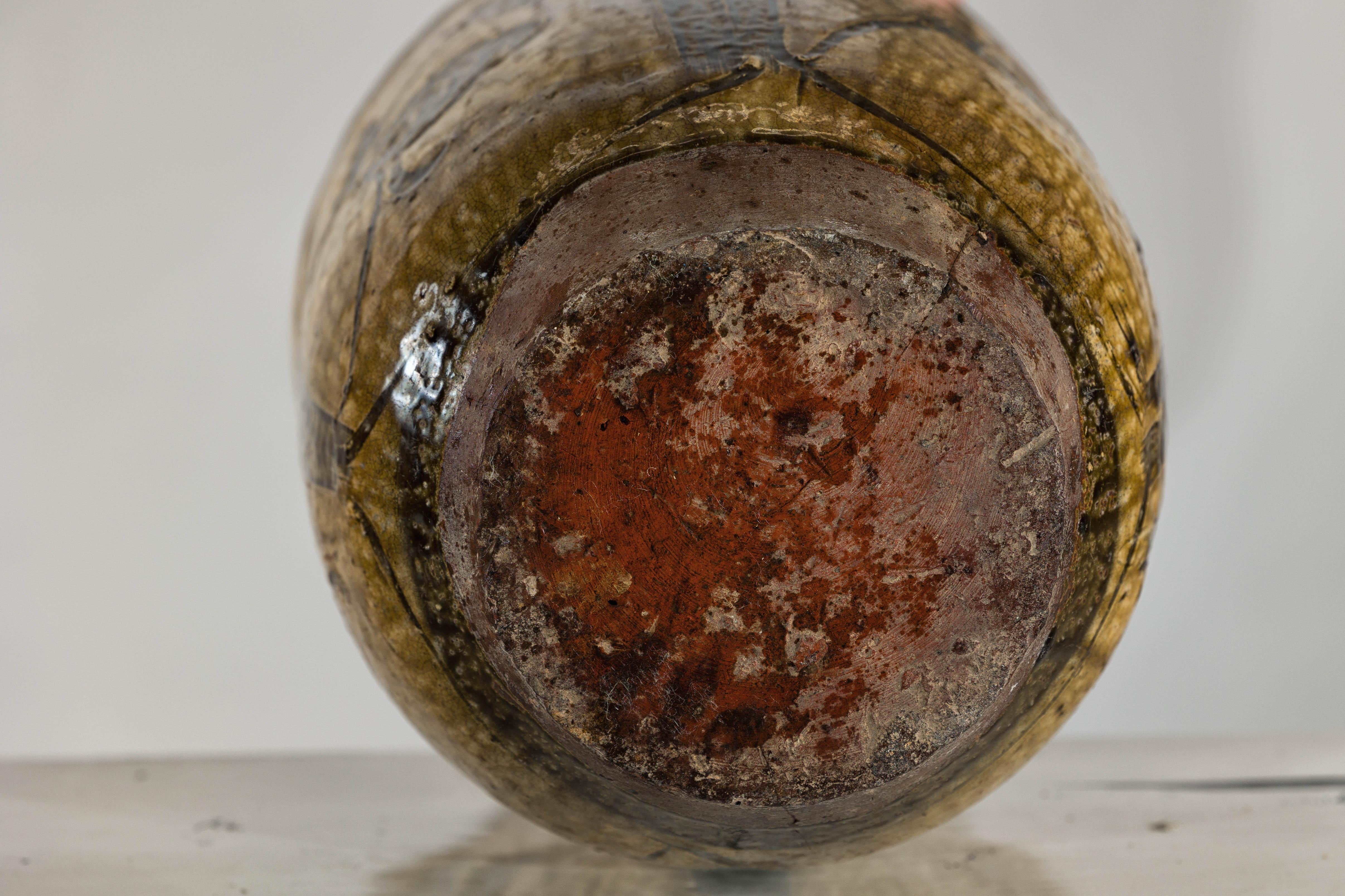 Vintage Mustard Brown Glazed Ceramic Vase with Incised Floral and Bird Motifs For Sale 6