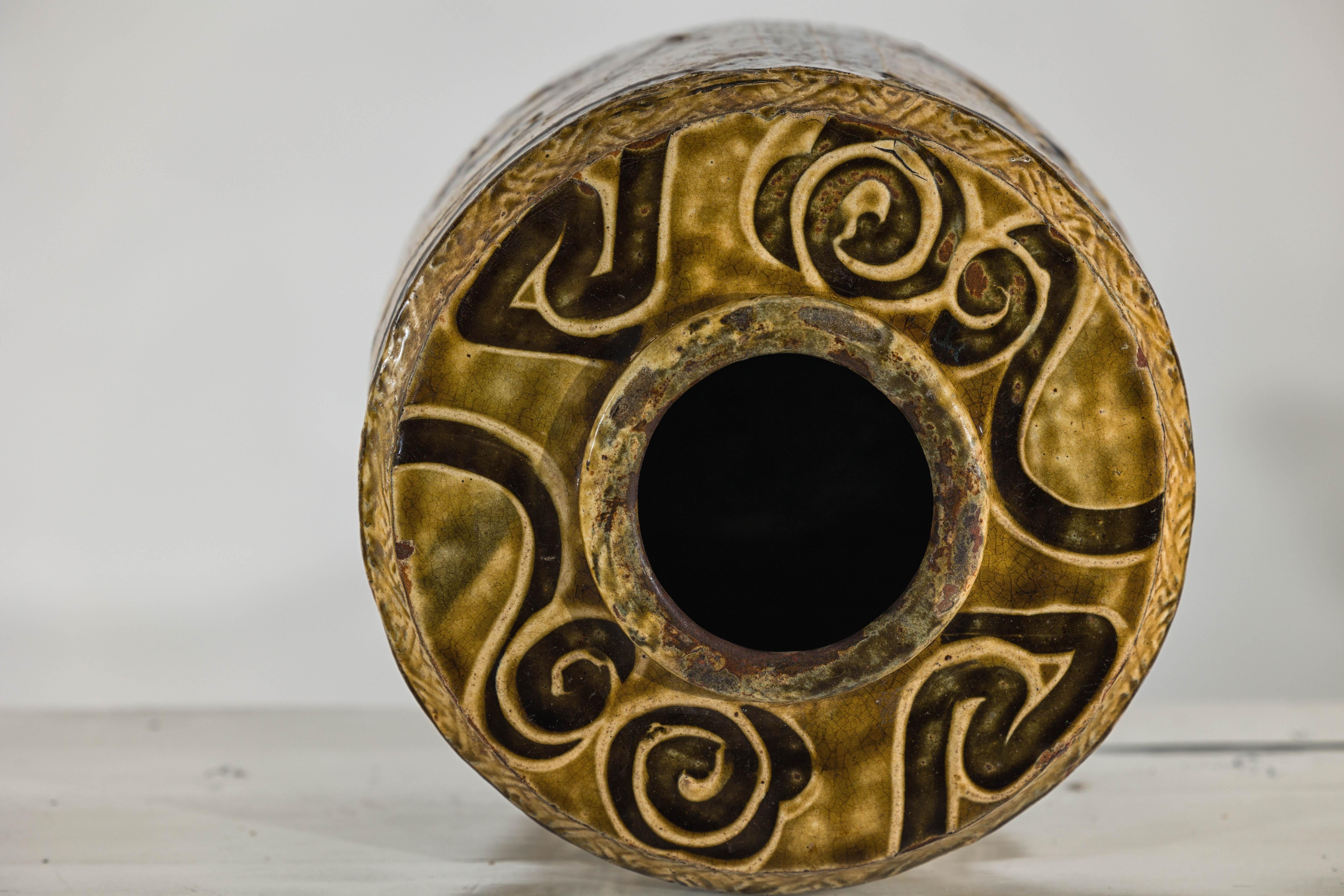 Vintage Mustard Brown Glazed Ceramic Vase with Incised Floral and Bird Motifs For Sale 7