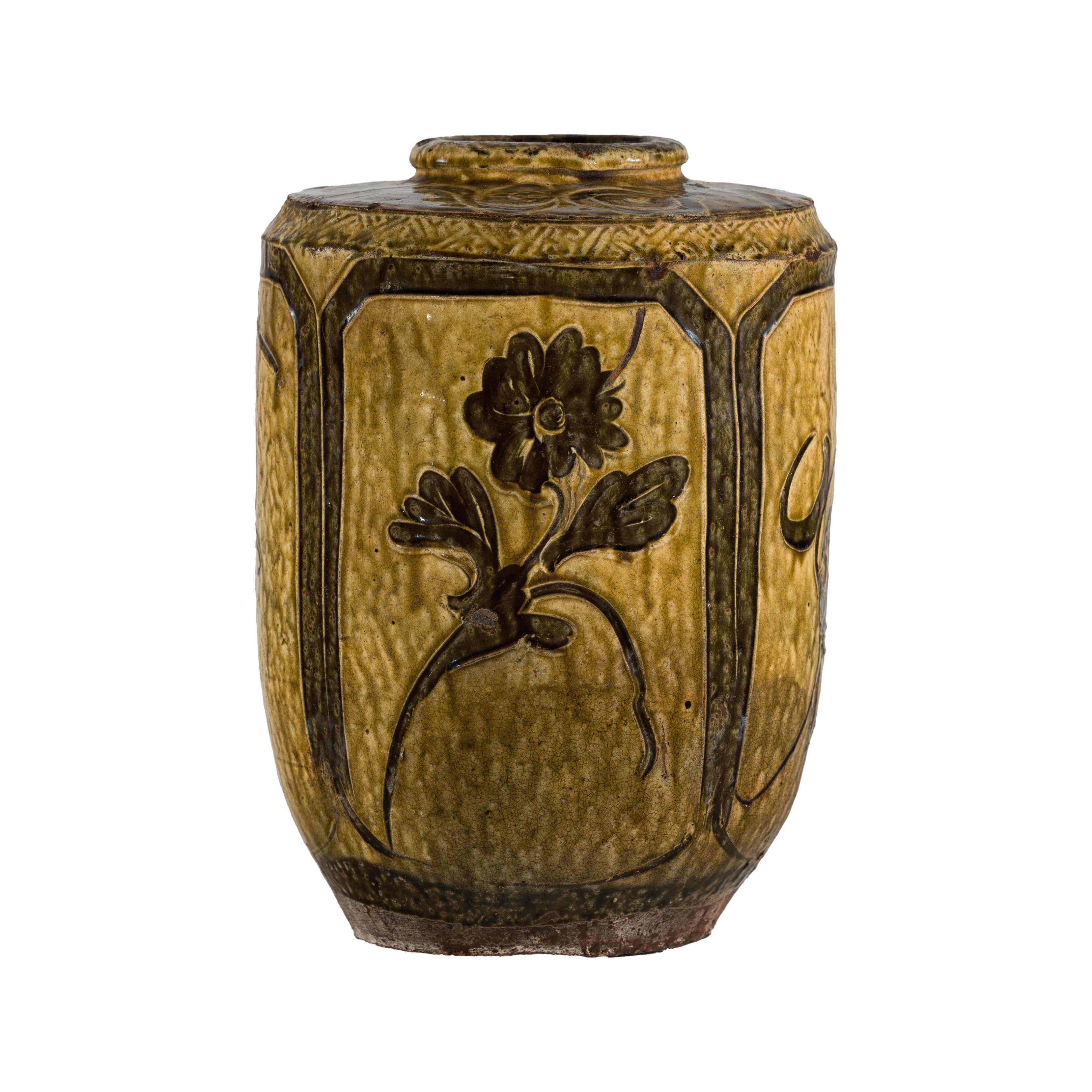 Vintage Mustard Brown Glazed Ceramic Vase with Incised Floral and Bird Motifs For Sale 8