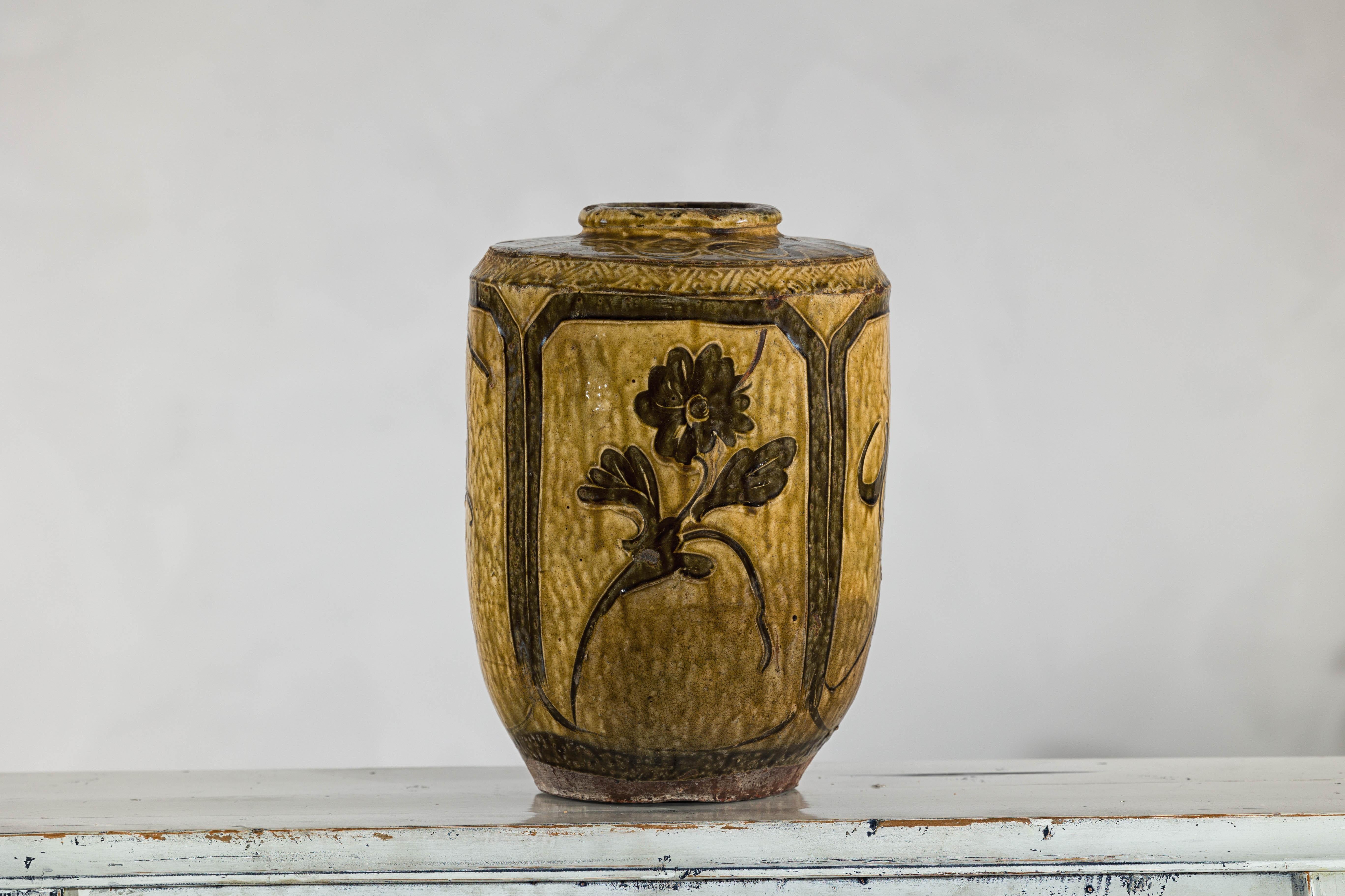 Chinese Vintage Mustard Brown Glazed Ceramic Vase with Incised Floral and Bird Motifs For Sale