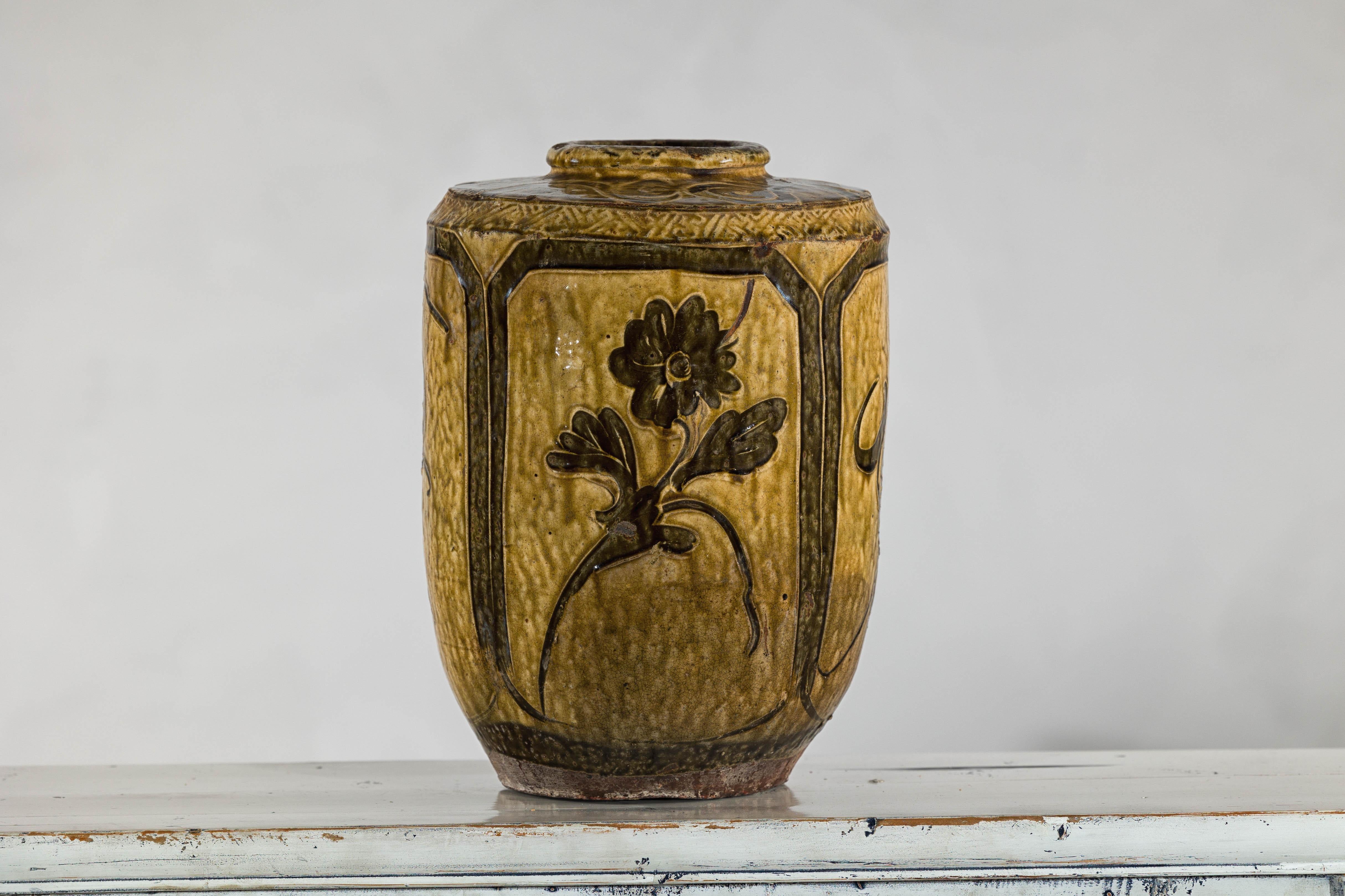 Vintage Mustard Brown Glazed Ceramic Vase with Incised Floral and Bird Motifs In Good Condition For Sale In Yonkers, NY