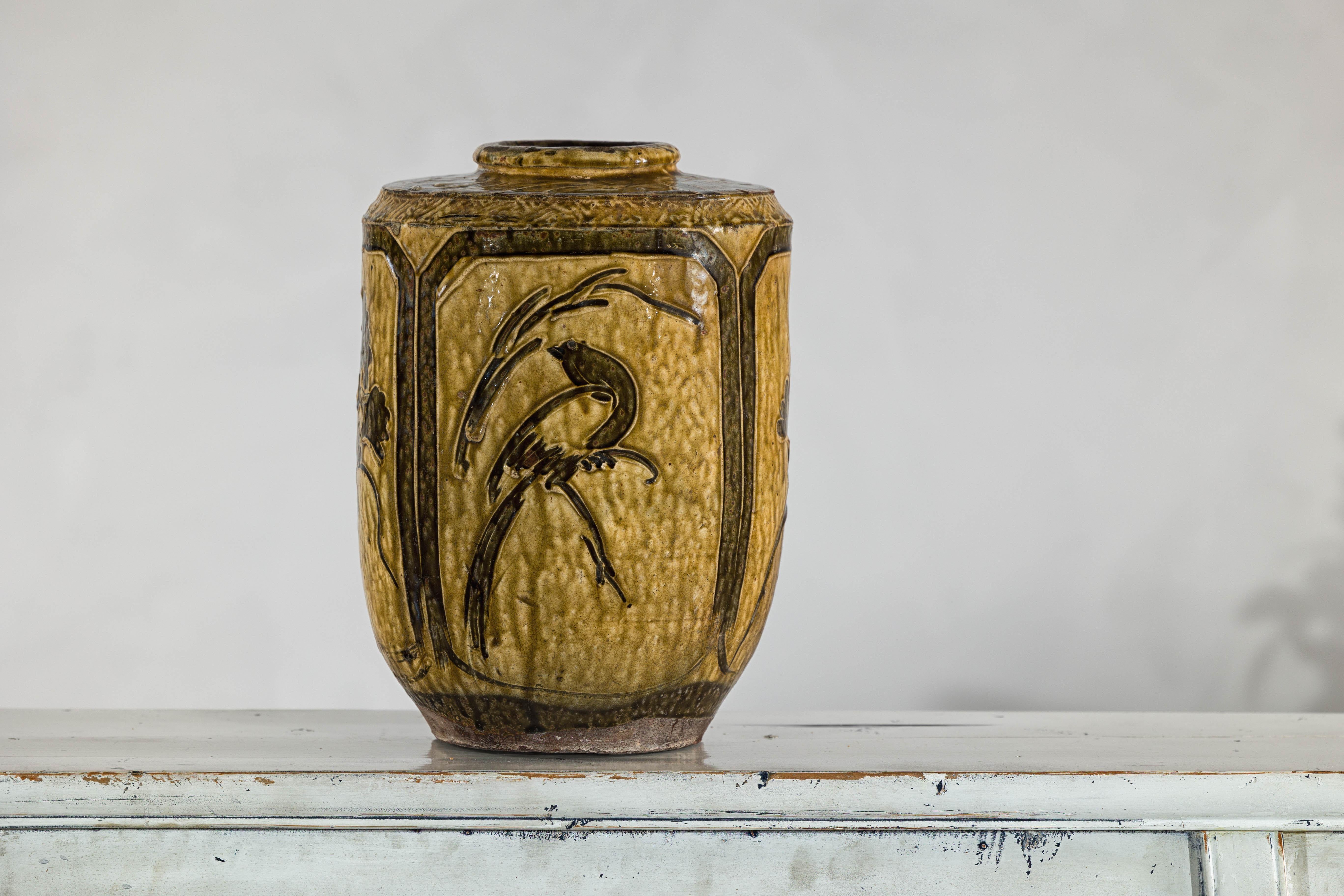 Vintage Mustard Brown Glazed Ceramic Vase with Incised Floral and Bird Motifs For Sale 2