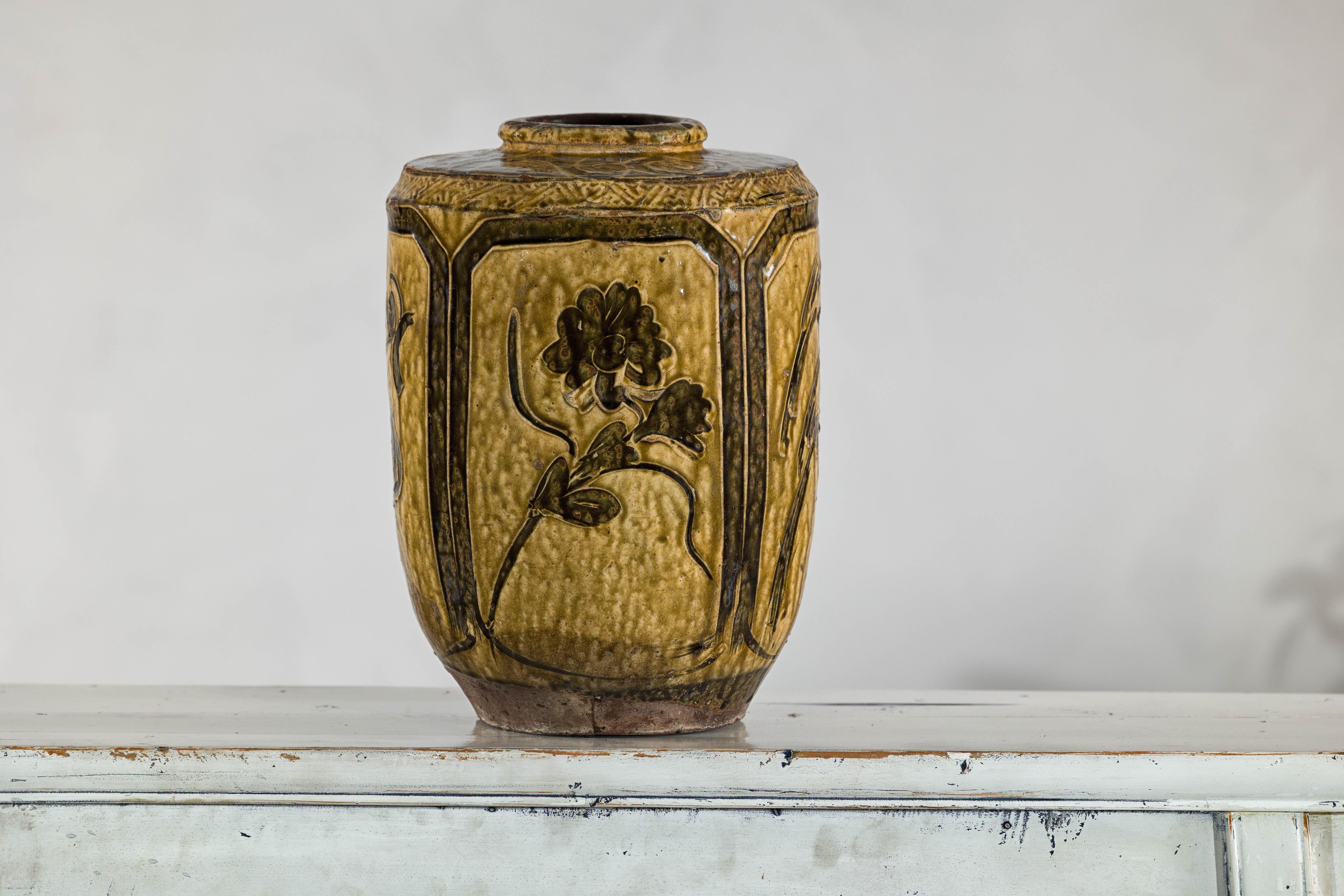 Vintage Mustard Brown Glazed Ceramic Vase with Incised Floral and Bird Motifs For Sale 3