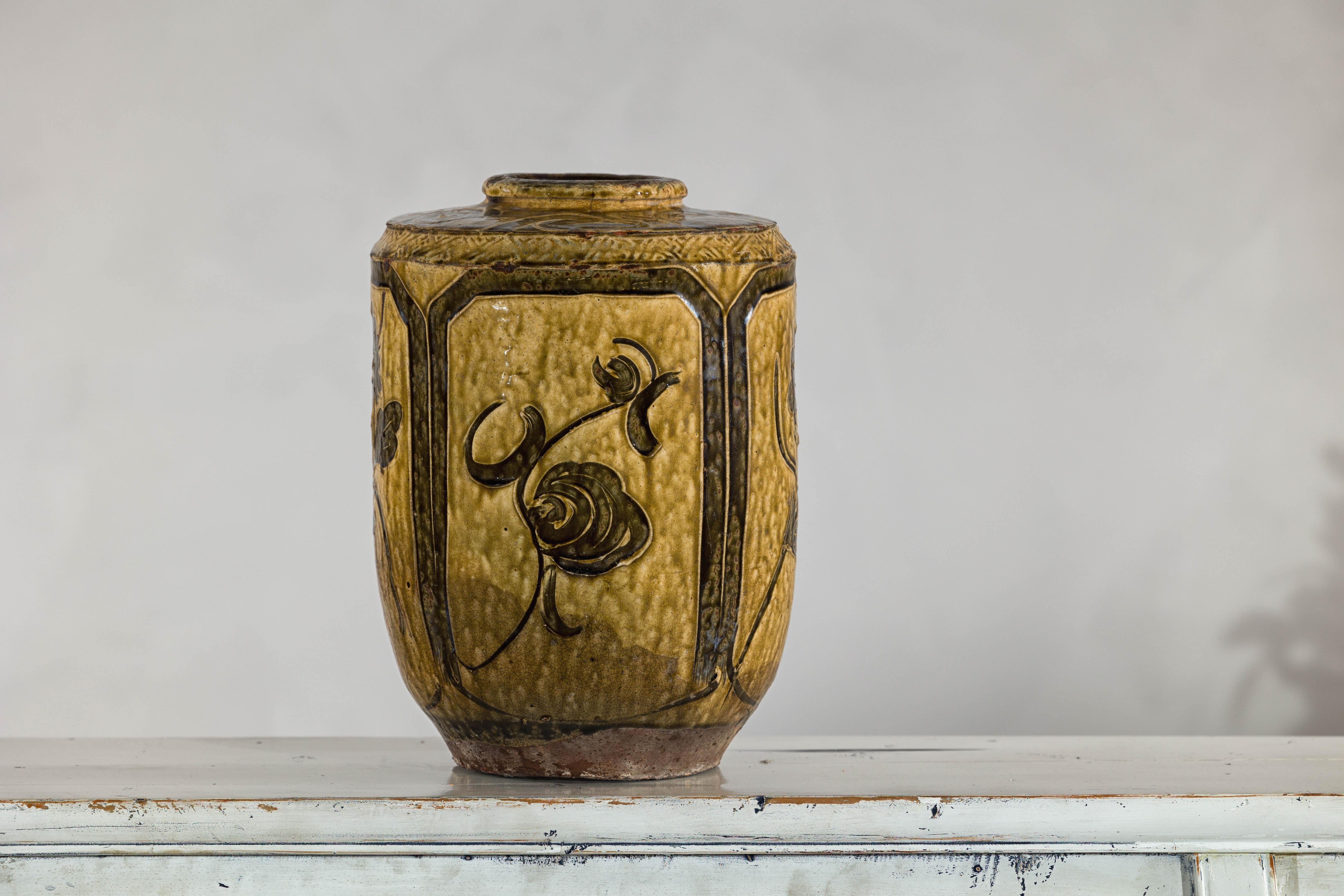 Vintage Mustard Brown Glazed Ceramic Vase with Incised Floral and Bird Motifs For Sale 4