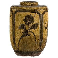 Vintage Mustard Brown Glazed Ceramic Vase with Incised Floral and Bird Motifs