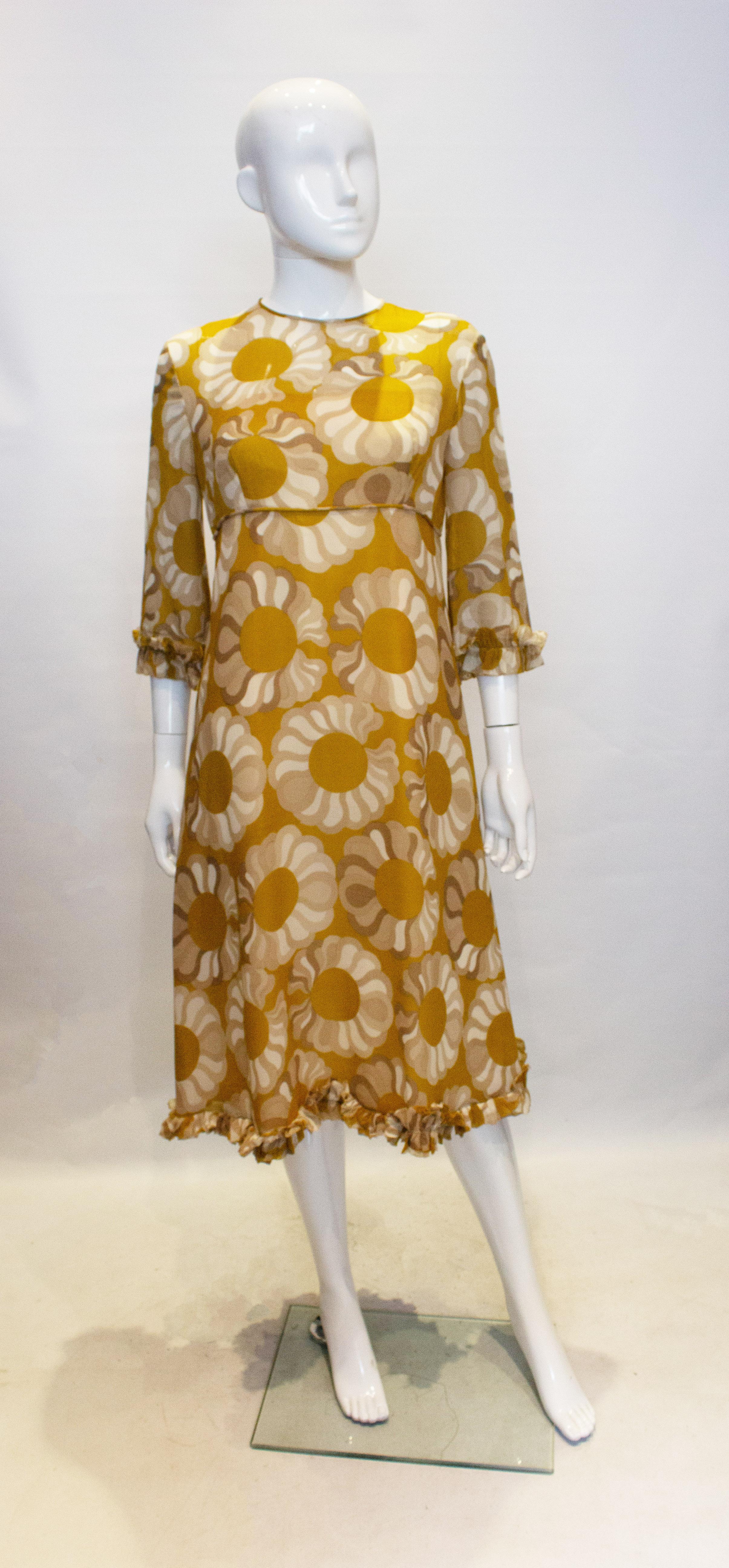 Brown Vintage Mustard , Grey and Ivory Print dress by Jollys of Bath and Bristol