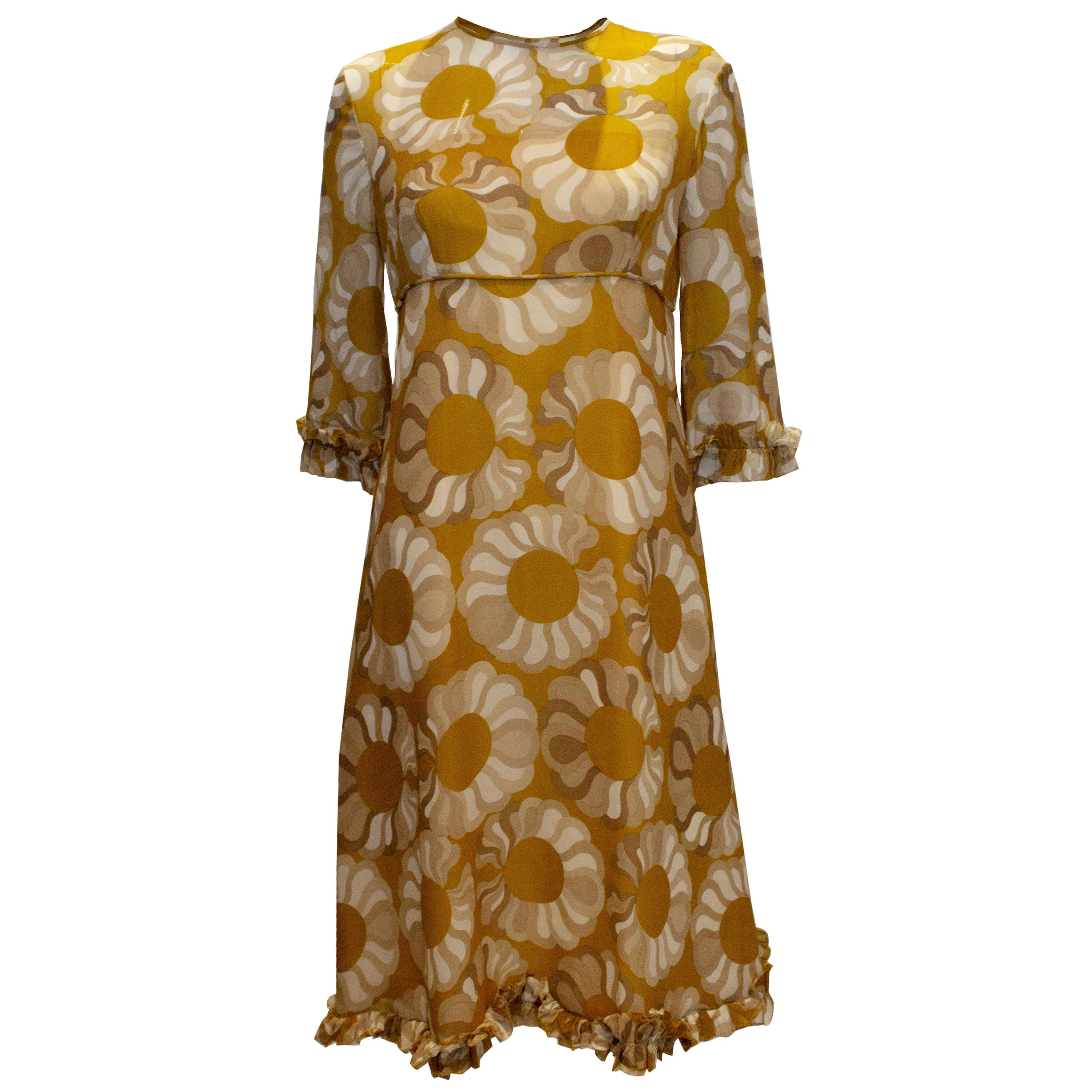 Vintage Mustard , Grey and Ivory Print dress by Jollys of Bath and Bristol