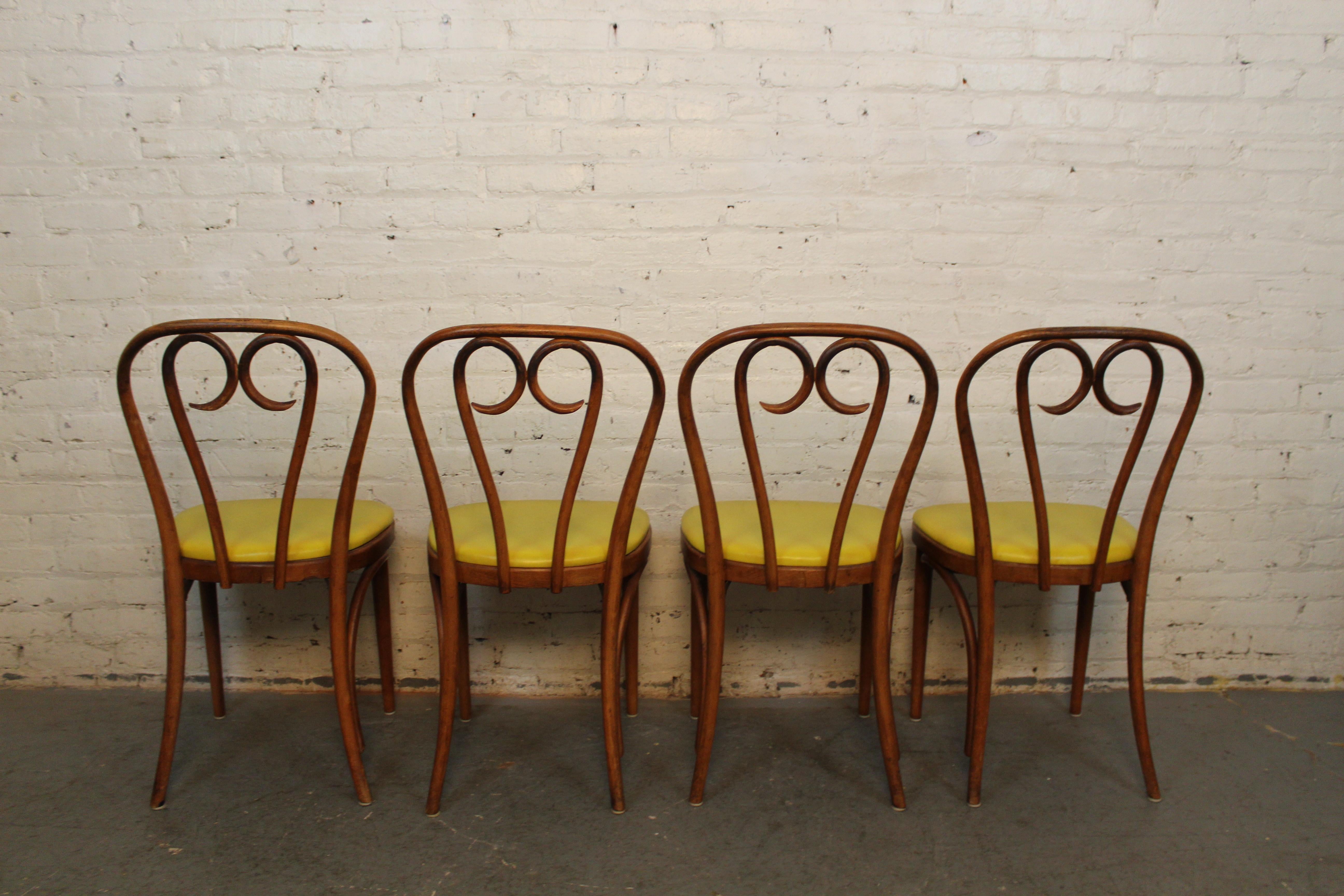Polish Vintage Mustard Leatherette Bentwood Bistro Chairs after Thonet For Sale