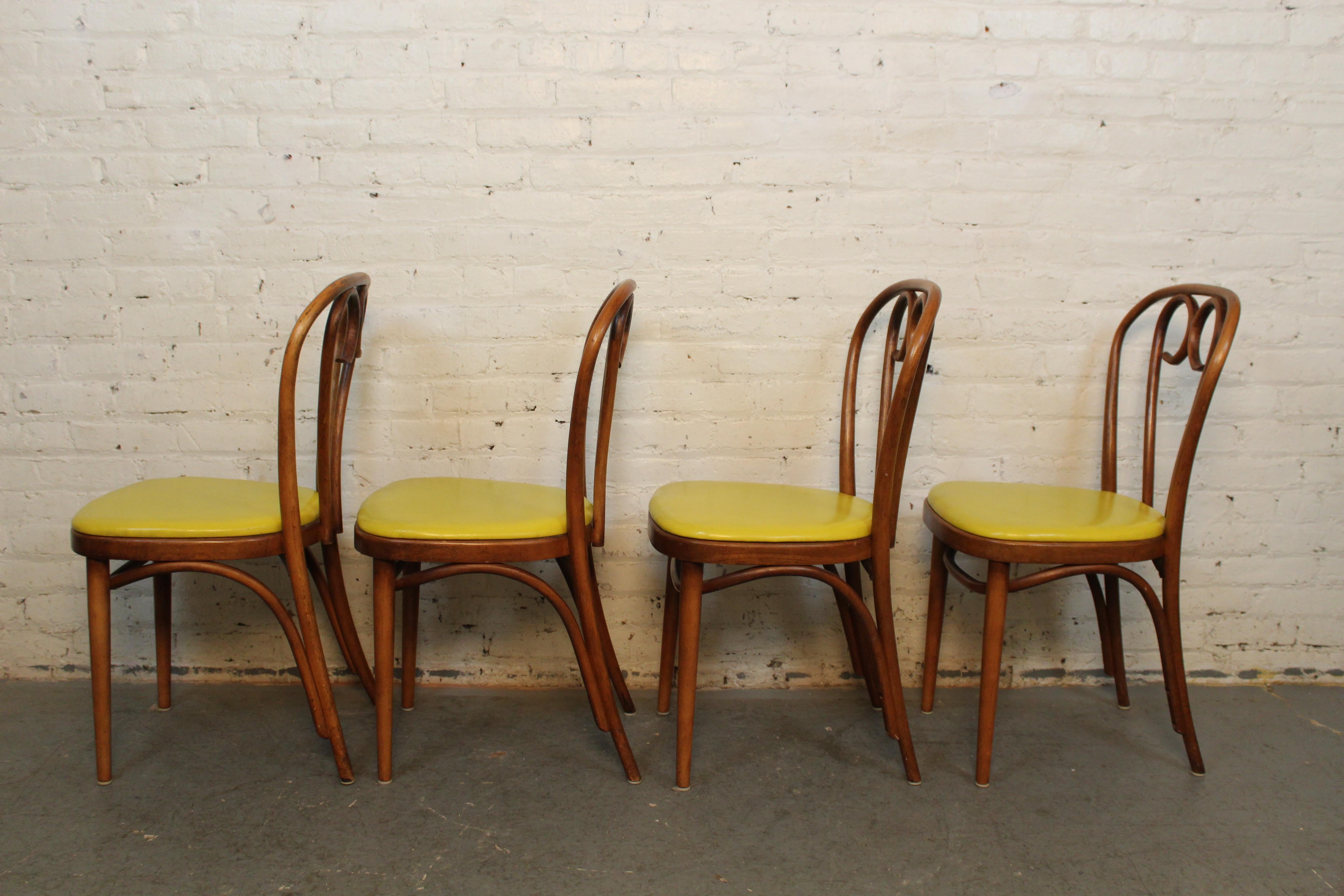 Vintage Mustard Leatherette Bentwood Bistro Chairs after Thonet In Good Condition For Sale In Brooklyn, NY
