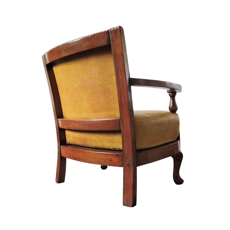 Vintage Mustard Yellow Leather and Wood Tub Chair For Sale at 1stDibs