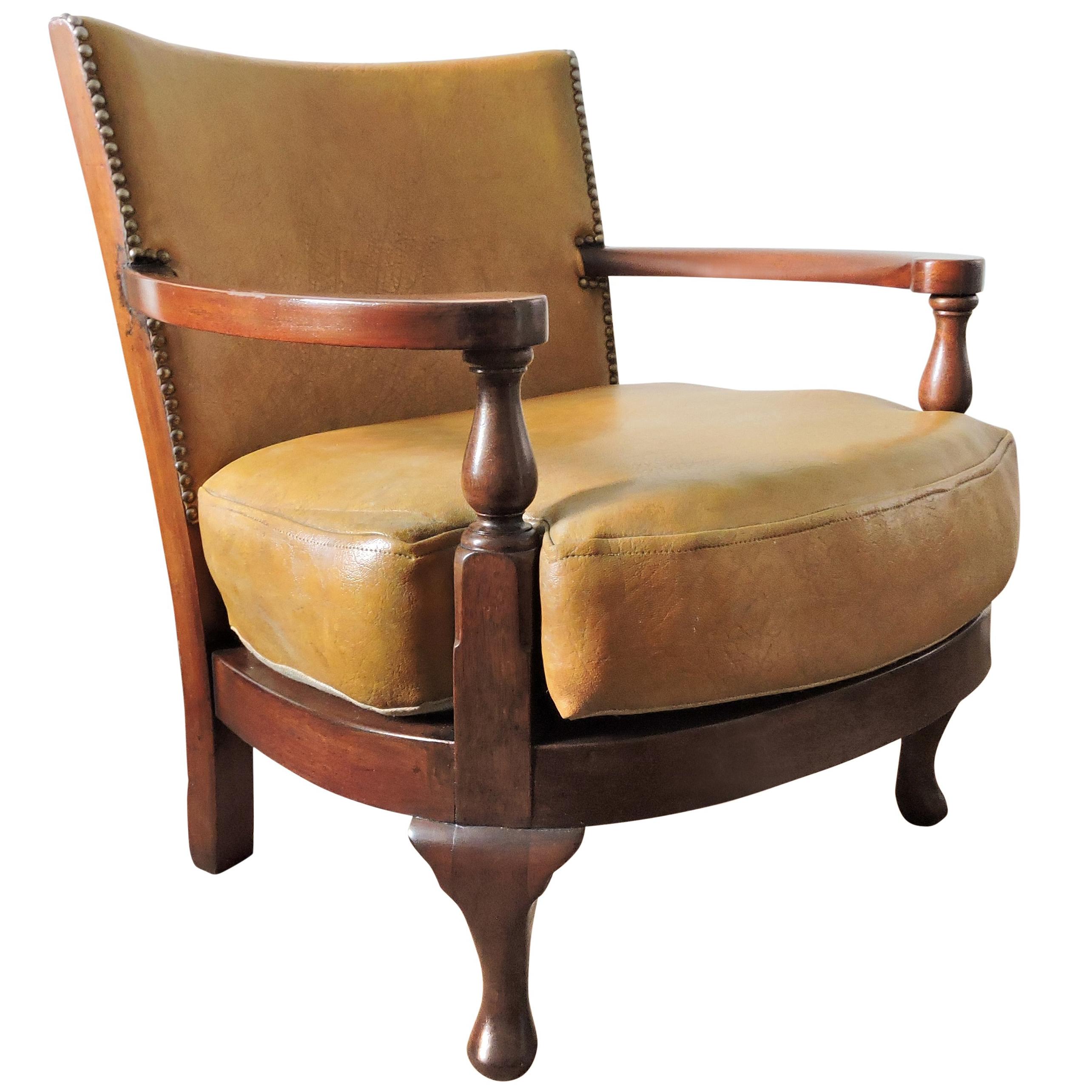 Vintage Mustard Yellow Leather and Wood Tub Chair For Sale
